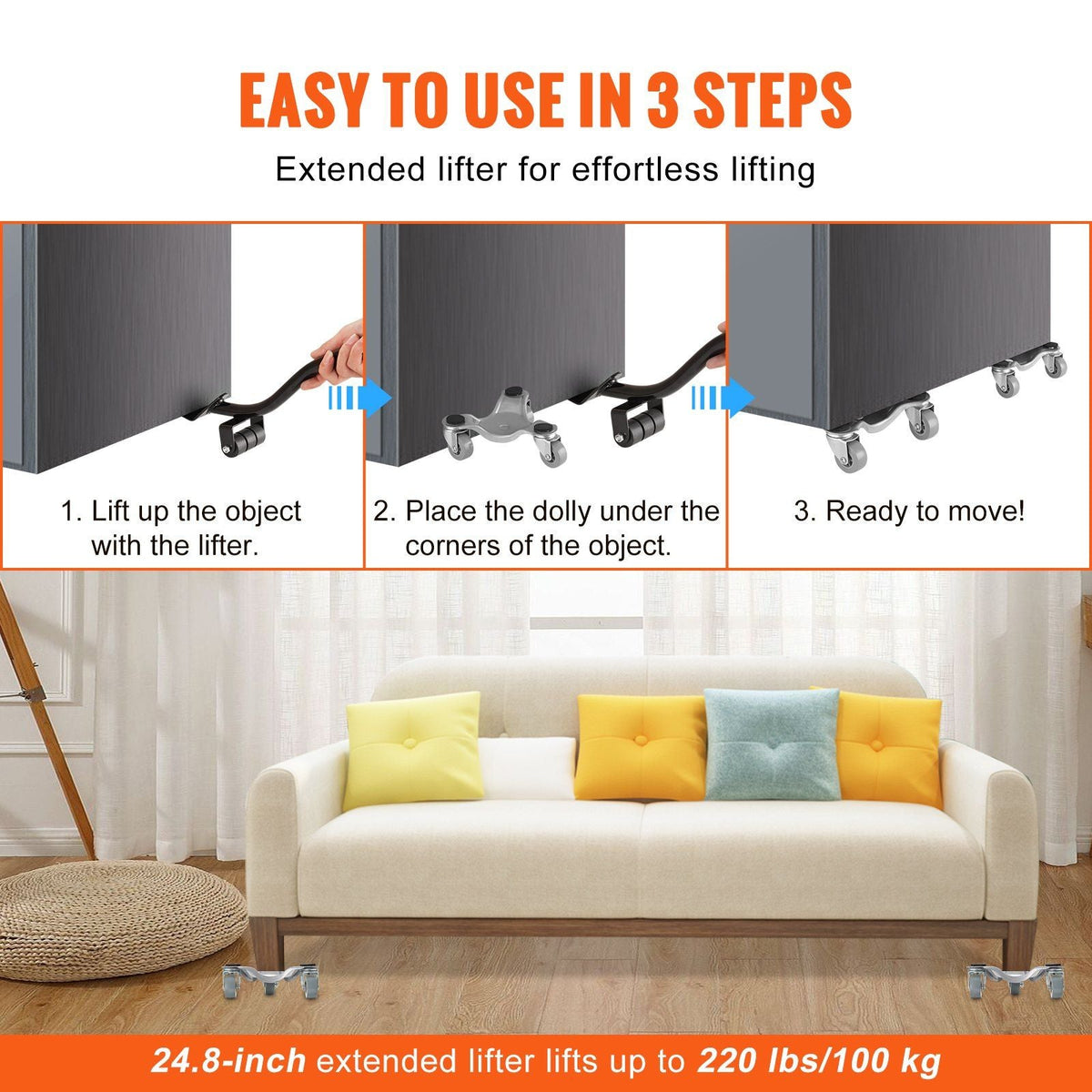 Furniture Dolly, 4 Pack 6-Inch Steel Tri-Dolly with 360° PP Swivel Wheels and Non-Slip Cap, 3 Wheels Furniture Lift Mover Tool Set for Moving Heavy Furniture Refrigerator Sofa, 250Lbs Capacity