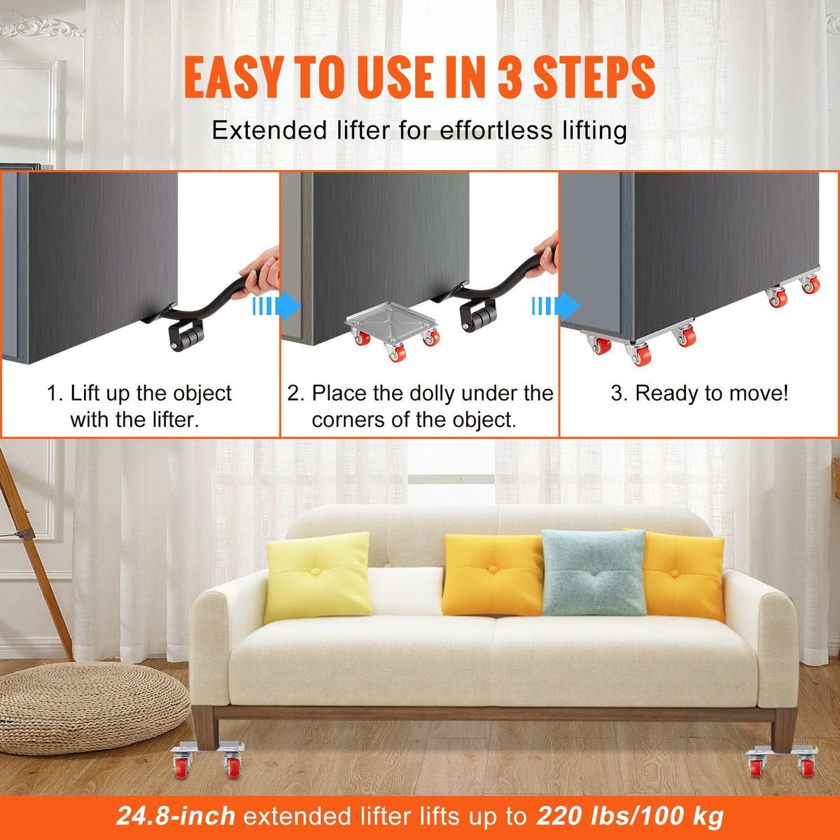 Furniture Dolly, Furniture Moving Dollies with 360° PP Swivel Wheels & Carbon Steel Panel, 250 Lbs Capacity Furniture Lift Mover Tool Set for Moving Heavy Furniture Refrigerator Sofa