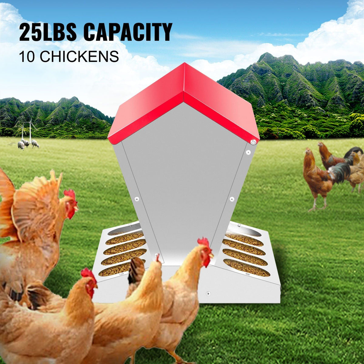 Galvanized Poultry Feeder 25lbs Capacity Chicken Feeder No Waste 22lbs Chicken Feeder with Lid 11.75x11.75x15.75in Chicken Feeder and Water for 10 Chickens Automatic Poultry Feeder Outdoor