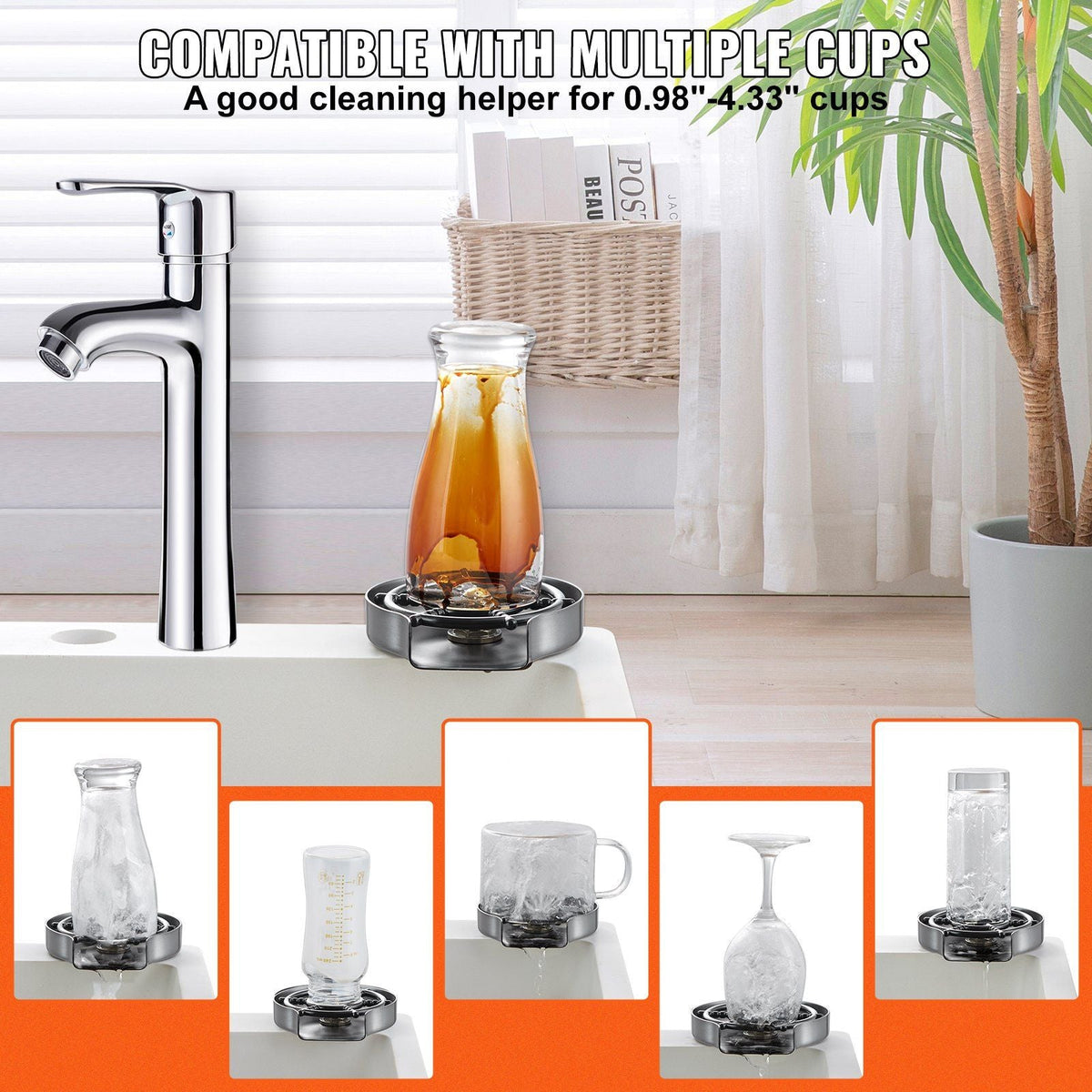 Glass Rinser, 10 Powerful Spraying Jets 360° Rotating Cup Rinser for Sink, 304 Stainless Steel Faucet Cup Washer with ABS Cup Holder for Baby Bottle, Glass Cup, Wine Glass (Silver Grey Base)