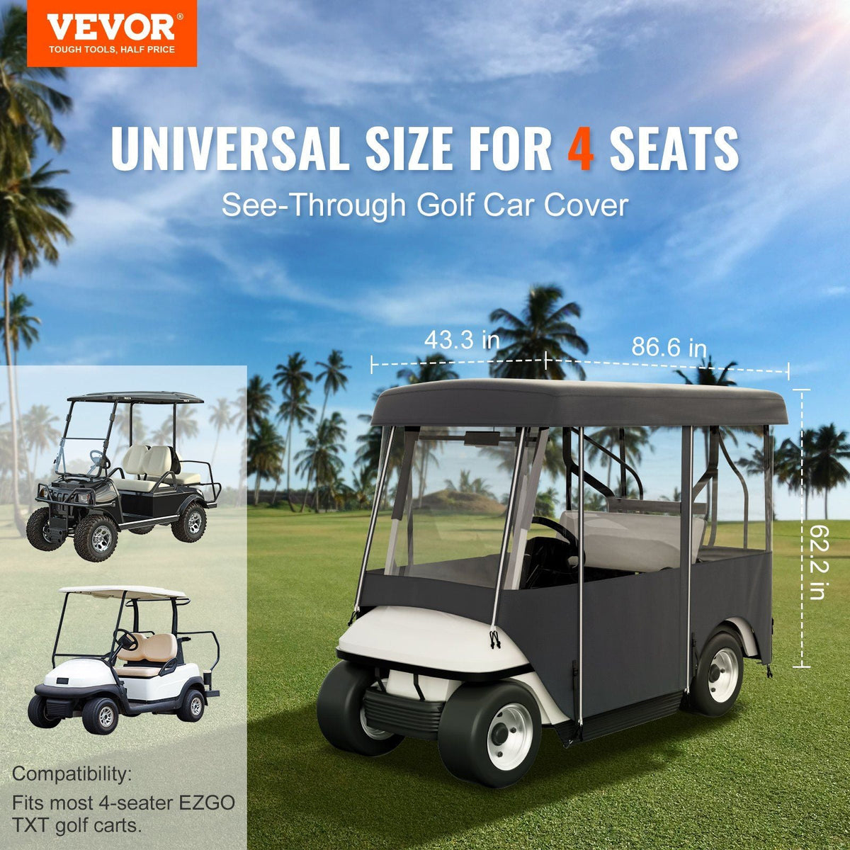 Golf Cart Enclosure 86'', 4-Person Golf Cart Cover, 4-Sided Fairway Deluxe, 300D Waterproof Driving Enclosure with Transparent Windows, Fit for EZGO, Club Car, Yamaha Cart