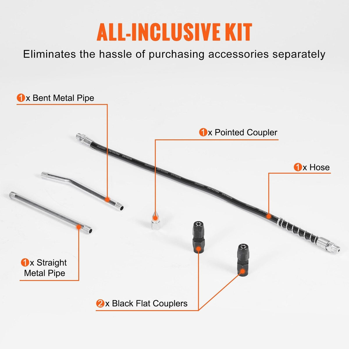 Grease Gun, 10000 PSI Max. Working Pressure, 20 OZ / 600 CC Capacity Heavy Duty Lever Action Grease Gun Kit, Includes 18.5 Inch Flexible Hose, 2 Black Flat Couplers, and 1 Straight Metal Pipes