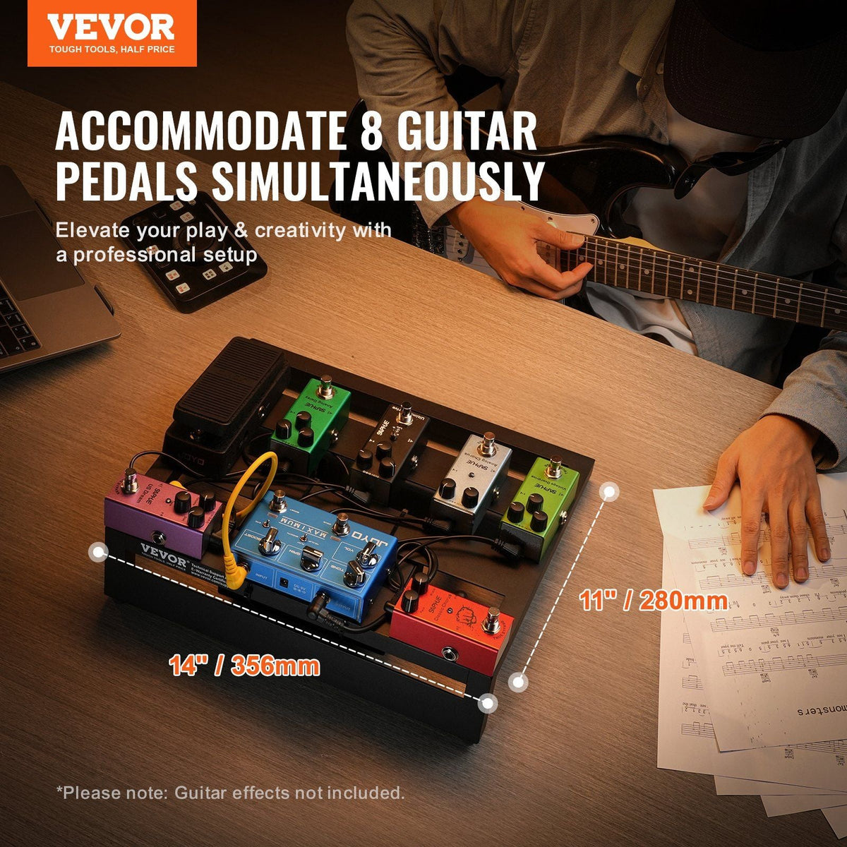 Guitar Pedal Board, 14'' x 11'', Aluminum Alloy 1.7 lbs Super Light Guitar Effects PedalBoard with Carry Bag High Quality Velcro Fixed Strap Shoulder Strap, Accommodate 8 Guitar Pedals, Medium