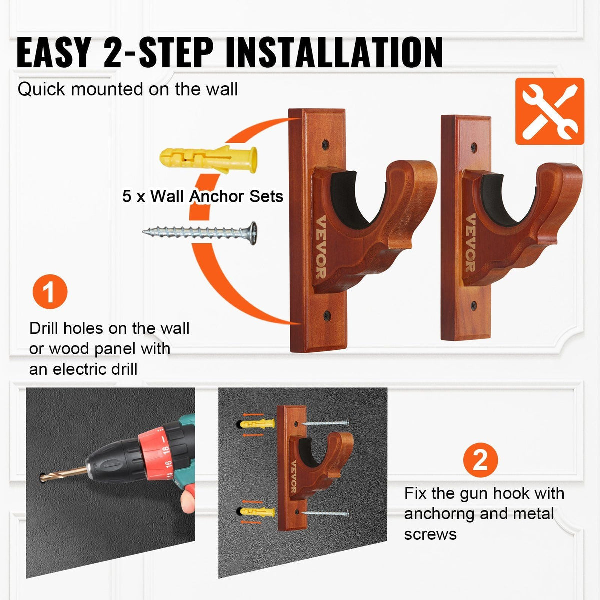 Gun Rack Wall Mount, Horizontal Gun Rack and Shotgun Hooks, Single Gun Storage Display Rack For Wall, Gun Holder with Soft Padding holds Rifles, Shotguns up to 50 lbs
