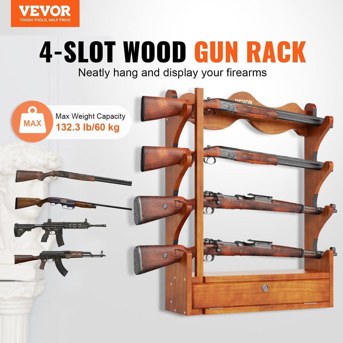 Gun Rack, Wood Gun Rack Wall Mount, Gun Display Rack holds 4 Rifles, Shotguns, 132 lb Heavy Duty Wall Storage Display Rifle Rack with Soft Padding
