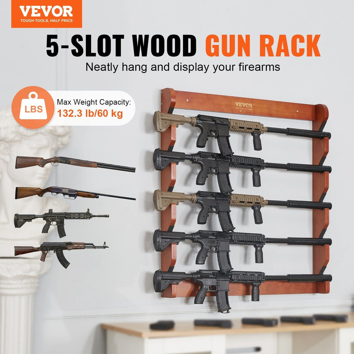 Gun Rack, Wood Gun Rack Wall Mount, Gun Display Rack holds 5 Rifles, Shotguns, 132 lb Heavy Duty Wall Storage Display Rifle Rack with Soft Padding
