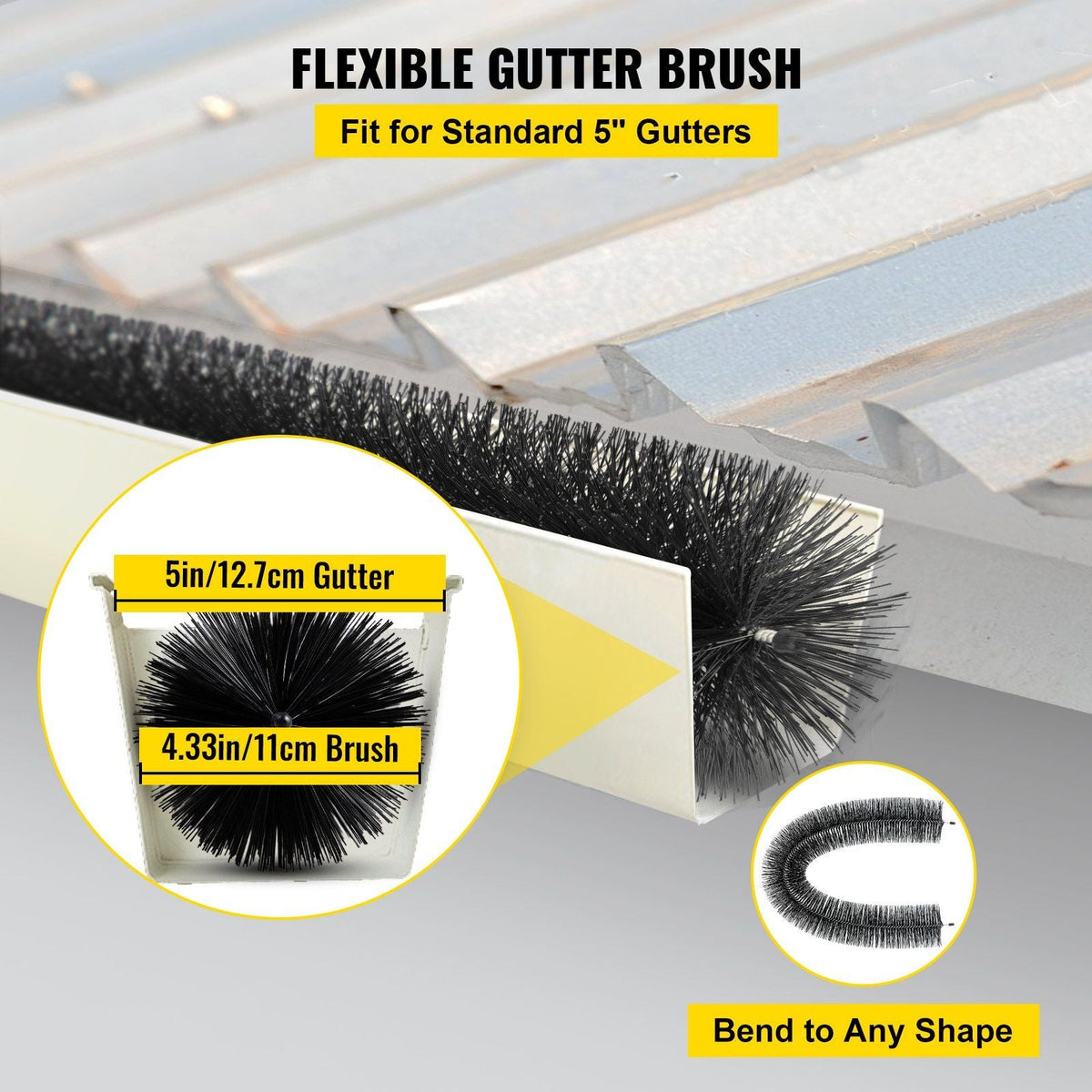 Gutter Guard Brush With 120 FT Length Bristle, 4.33" Dia. Gutter Brush Leaf Guard Fit for 5 Inches Gutter, Galvanized Steel Wire Gutter Brush, No Tools, DIY Gutter Leaf Guard for Keep out Debris