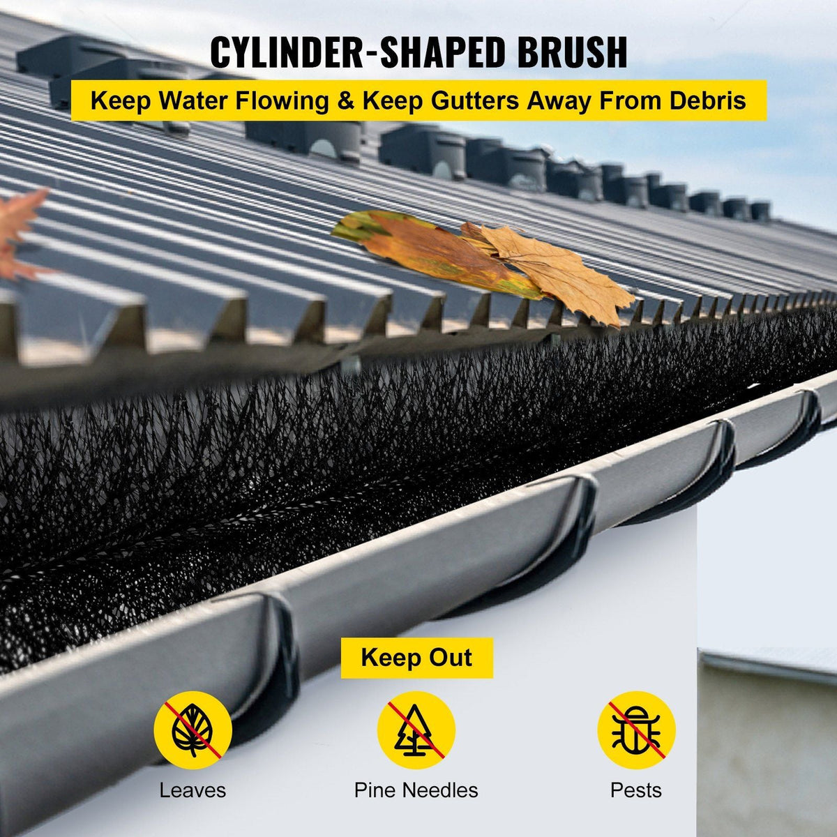 Gutter Guard Brush With 120 FT Length Bristle, 4.33" Dia. Gutter Brush Leaf Guard Fit for 5 Inches Gutter, Galvanized Steel Wire Gutter Brush, No Tools, DIY Gutter Leaf Guard for Keep out Debris