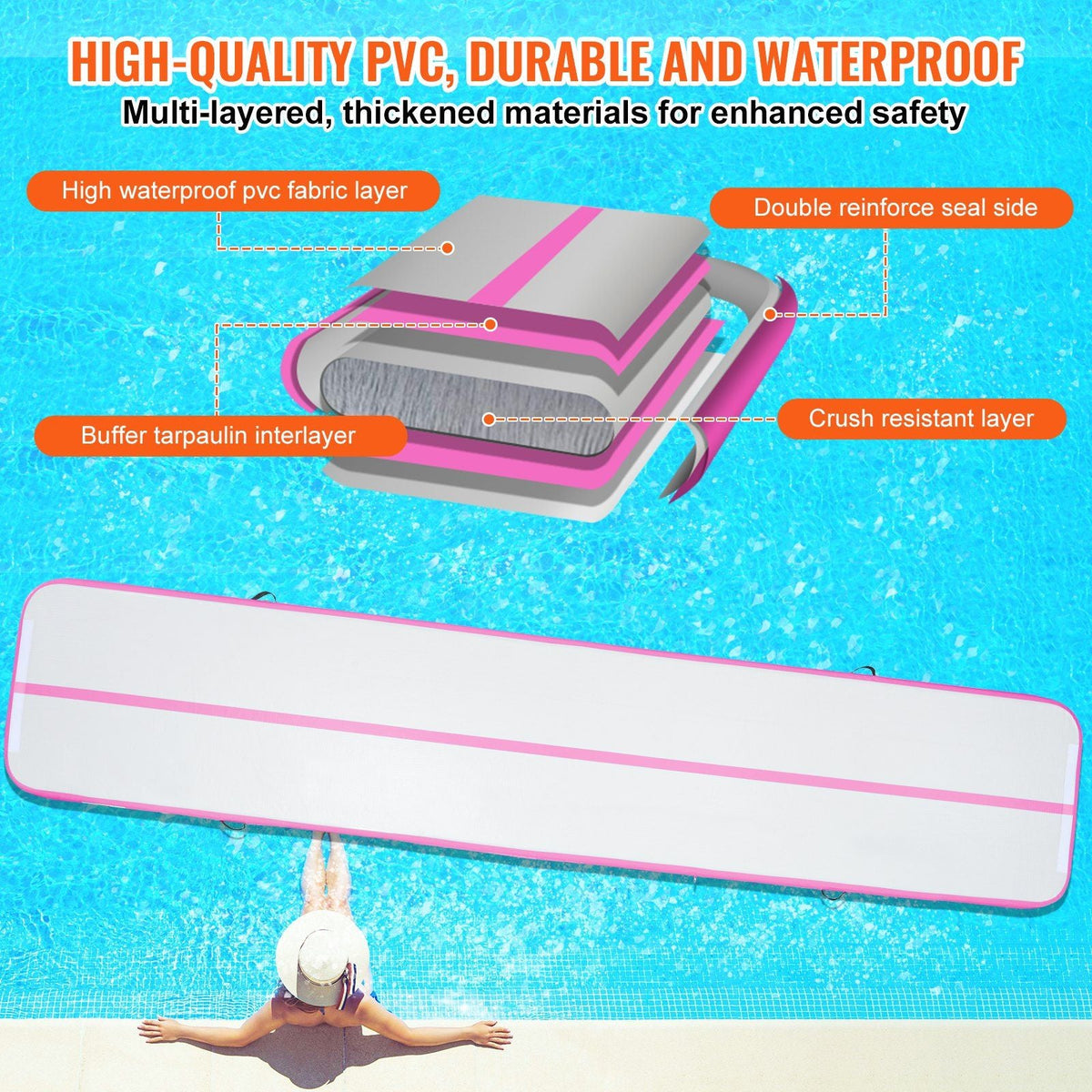 Gymnastics Air Mat, 4 inch Thickness Inflatable Gymnastics Tumbling Mat, Tumble Track with Electric Pump, Training Mats for Home Use/Gym/Yoga/Cheerleading/Beach/Park/Water, 16 ft, Pink