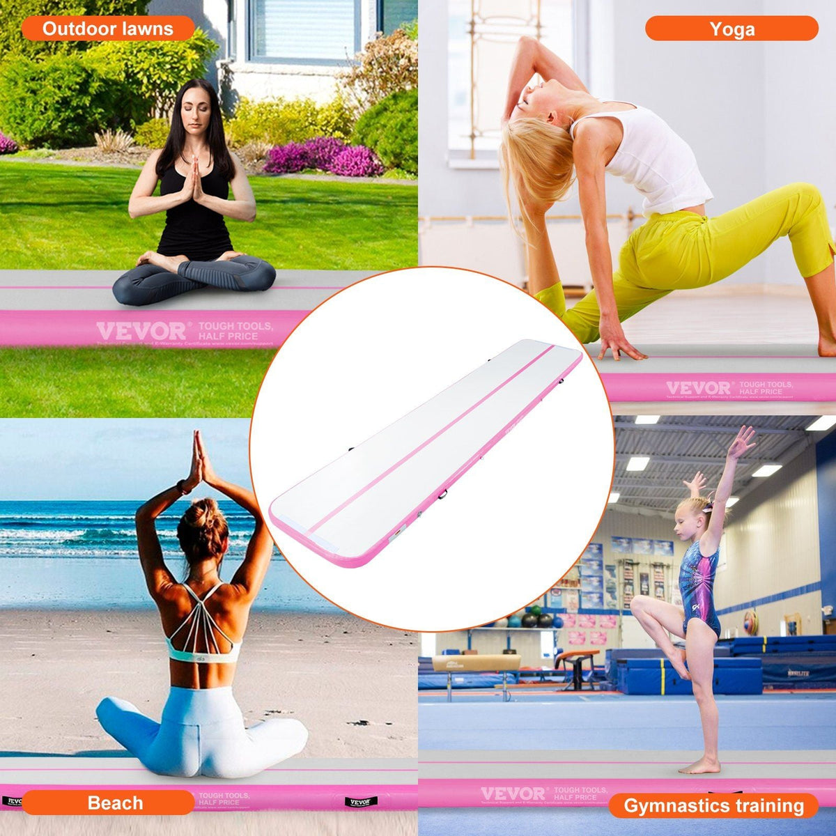 Gymnastics Air Mat, 4 inch Thickness Inflatable Gymnastics Tumbling Mat, Tumble Track with Electric Pump, Training Mats for Home Use/Gym/Yoga/Cheerleading/Beach/Park/Water, 16 ft, Pink