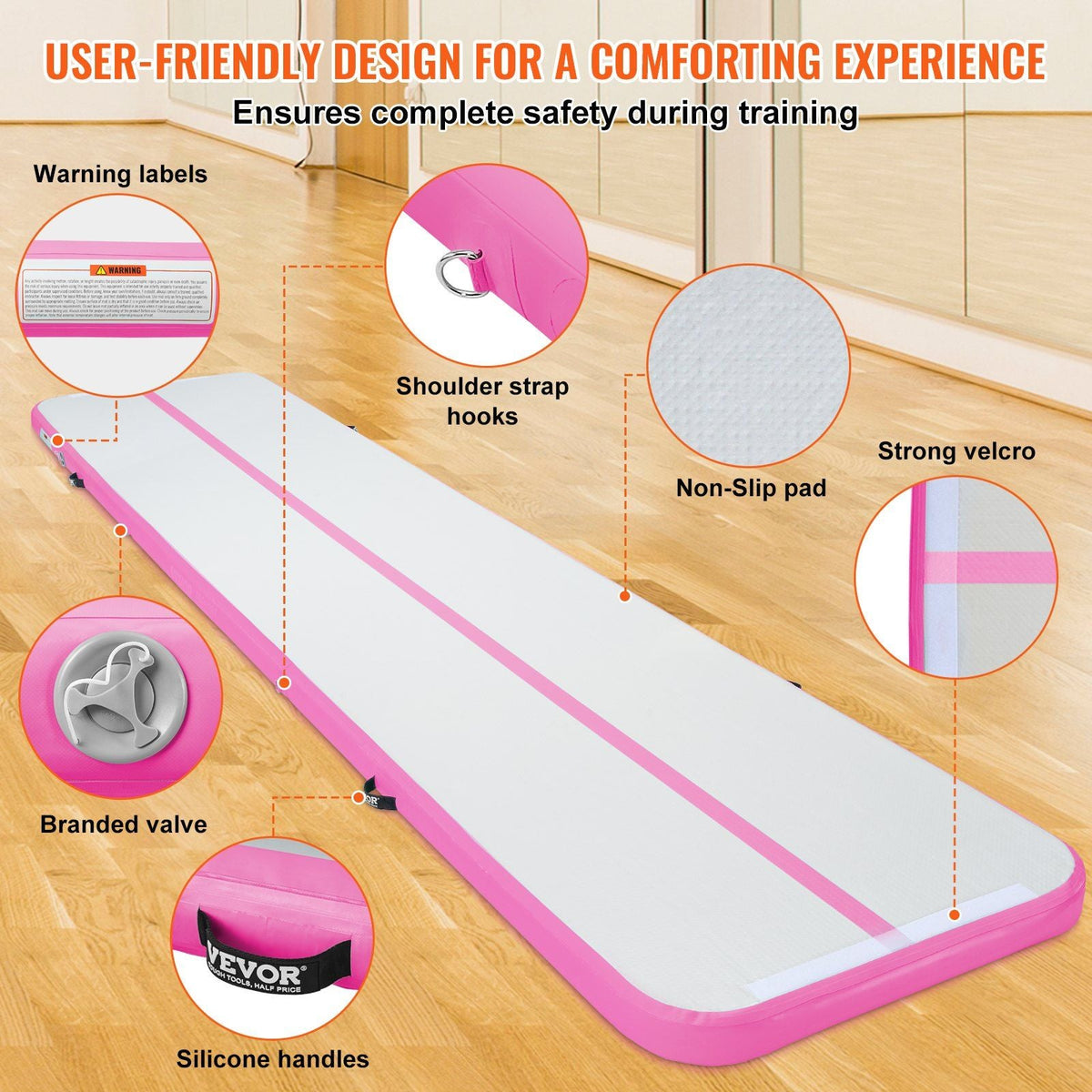 Gymnastics Air Mat, 4 inch Thickness Inflatable Gymnastics Tumbling Mat, Tumble Track with Electric Pump, Training Mats for Home Use/Gym/Yoga/Cheerleading/Beach/Park/Water, 16 ft, Pink