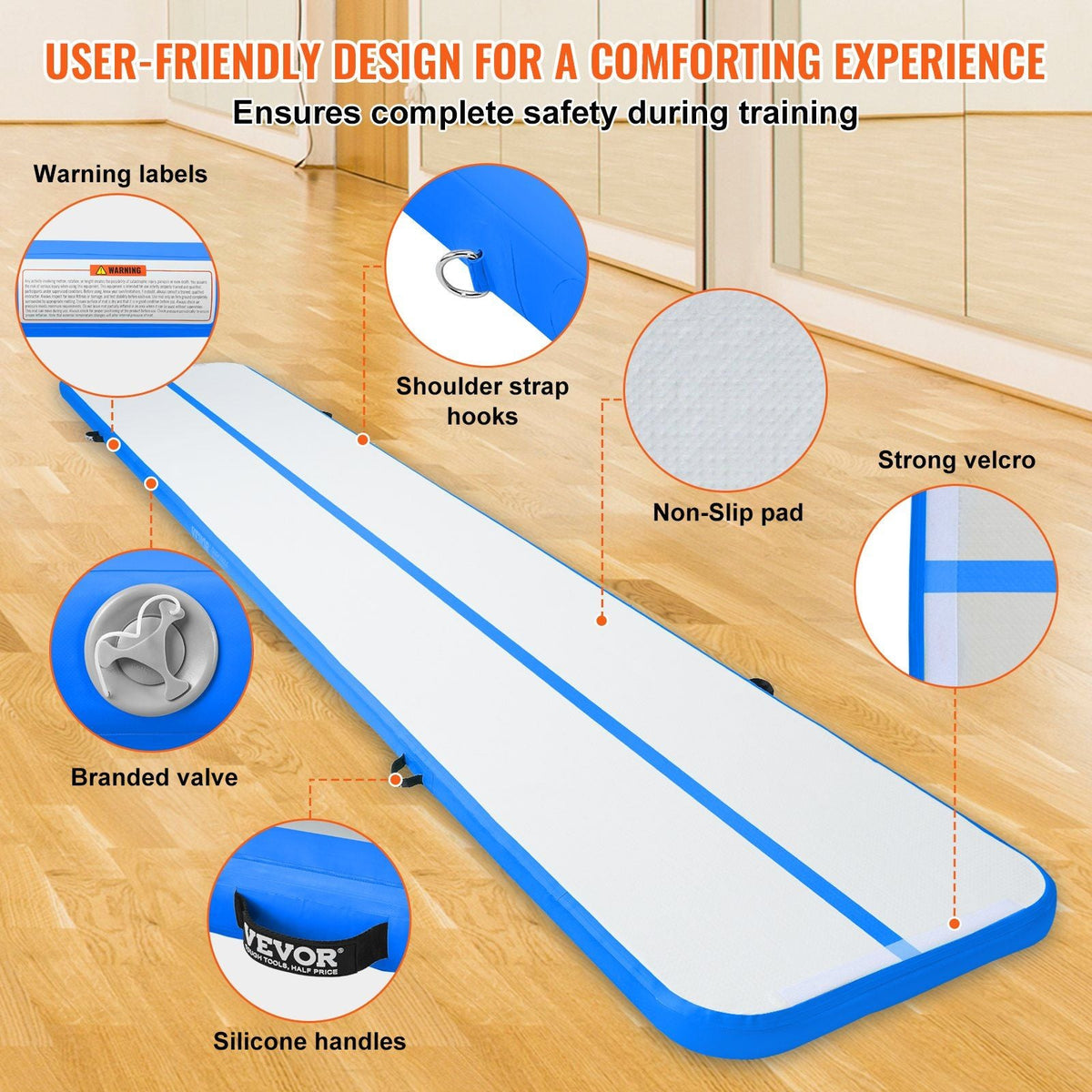 Gymnastics Air Mat, 4 inch Thickness Inflatable Gymnastics Tumbling Mat, Tumble Track with Electric Pump, Training Mats for Home Use/Gym/Yoga/Cheerleading/Beach/Park/Water, 20 ft, Blue