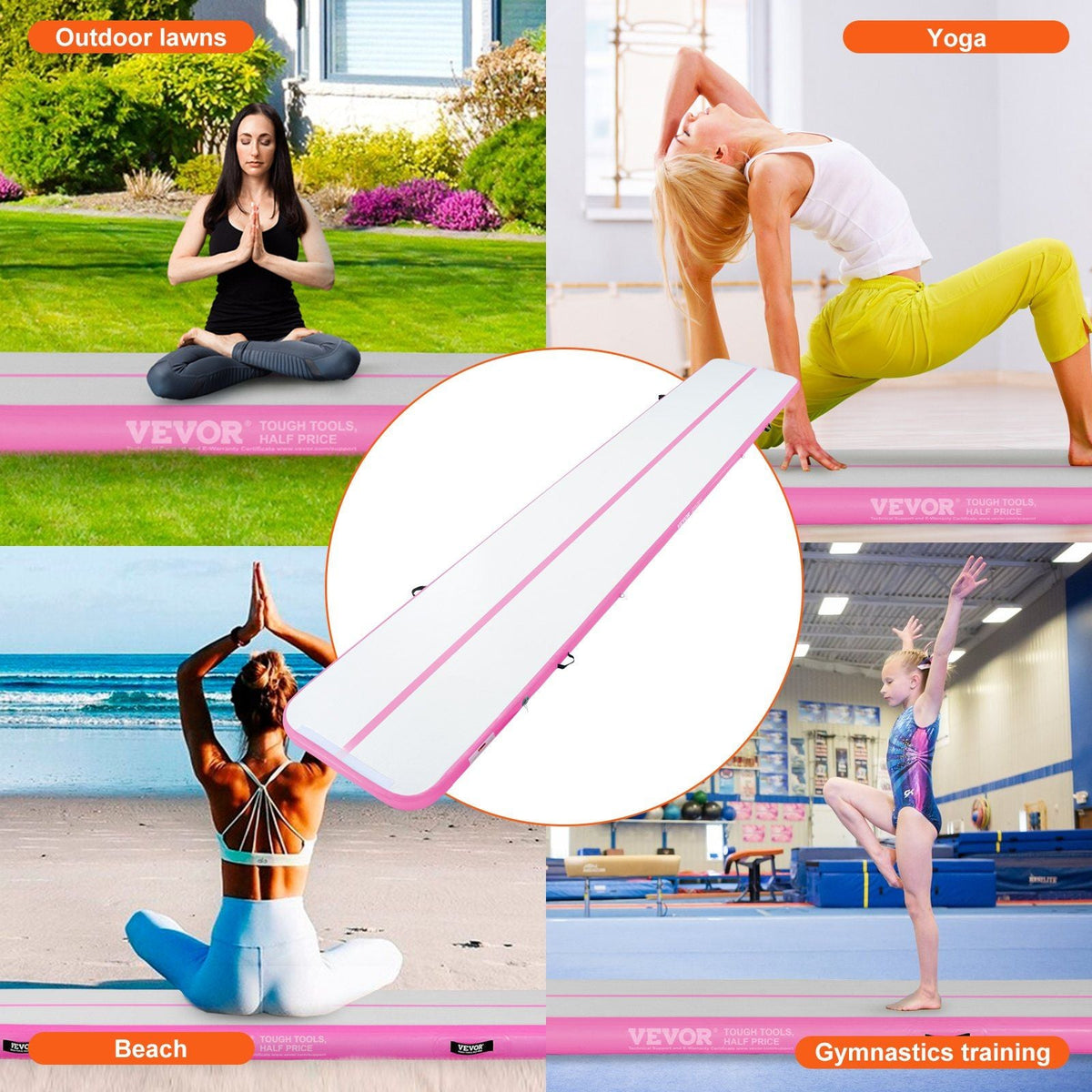Gymnastics Air Mat, 4 inch Thickness Inflatable Gymnastics Tumbling Mat, Tumble Track with Electric Pump, Training Mats for Home Use/Gym/Yoga/Cheerleading/Beach/Park/Water, 20 ft, Pink