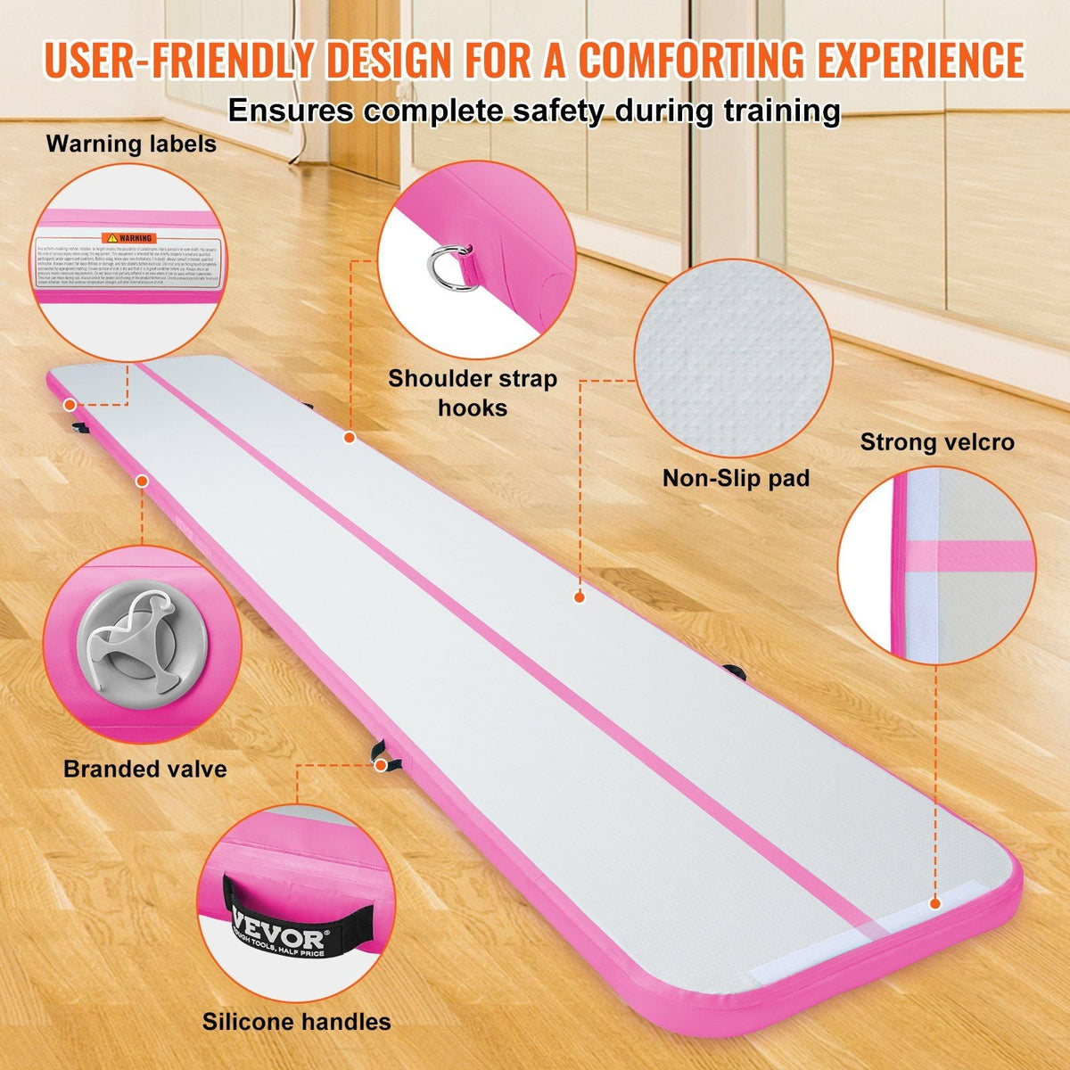 Gymnastics Air Mat, 4 inch Thickness Inflatable Gymnastics Tumbling Mat, Tumble Track with Electric Pump, Training Mats for Home Use/Gym/Yoga/Cheerleading/Beach/Park/Water, 20 ft, Pink