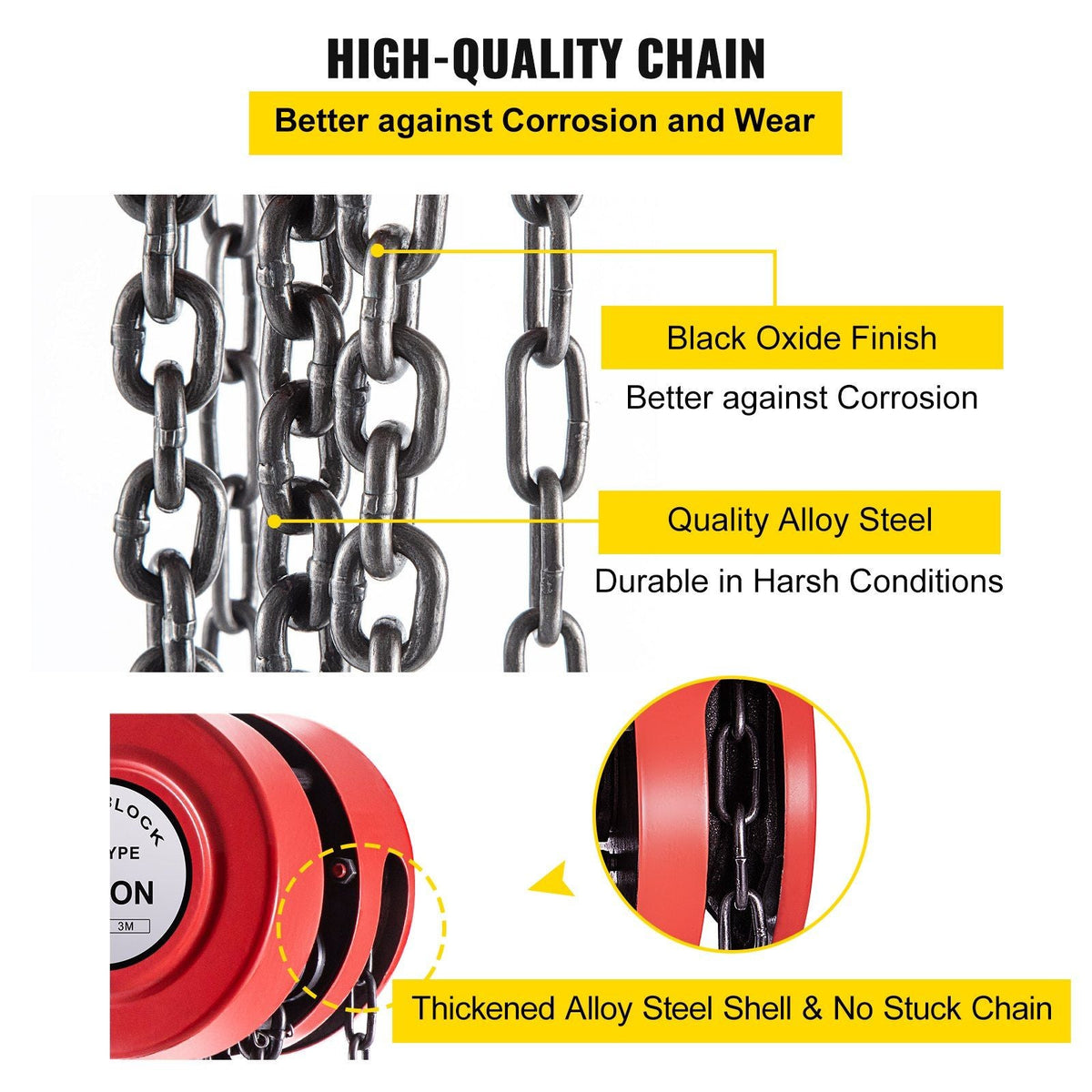 Hand Chain Hoist, 6600 lbs /3 Ton Capacity Chain Block, 10ft/3m Lift Manual Hand Chain Block, Manual Hoist w/Industrial-Grade Steel Construction for Lifting Good in Transport & Workshop, Red
