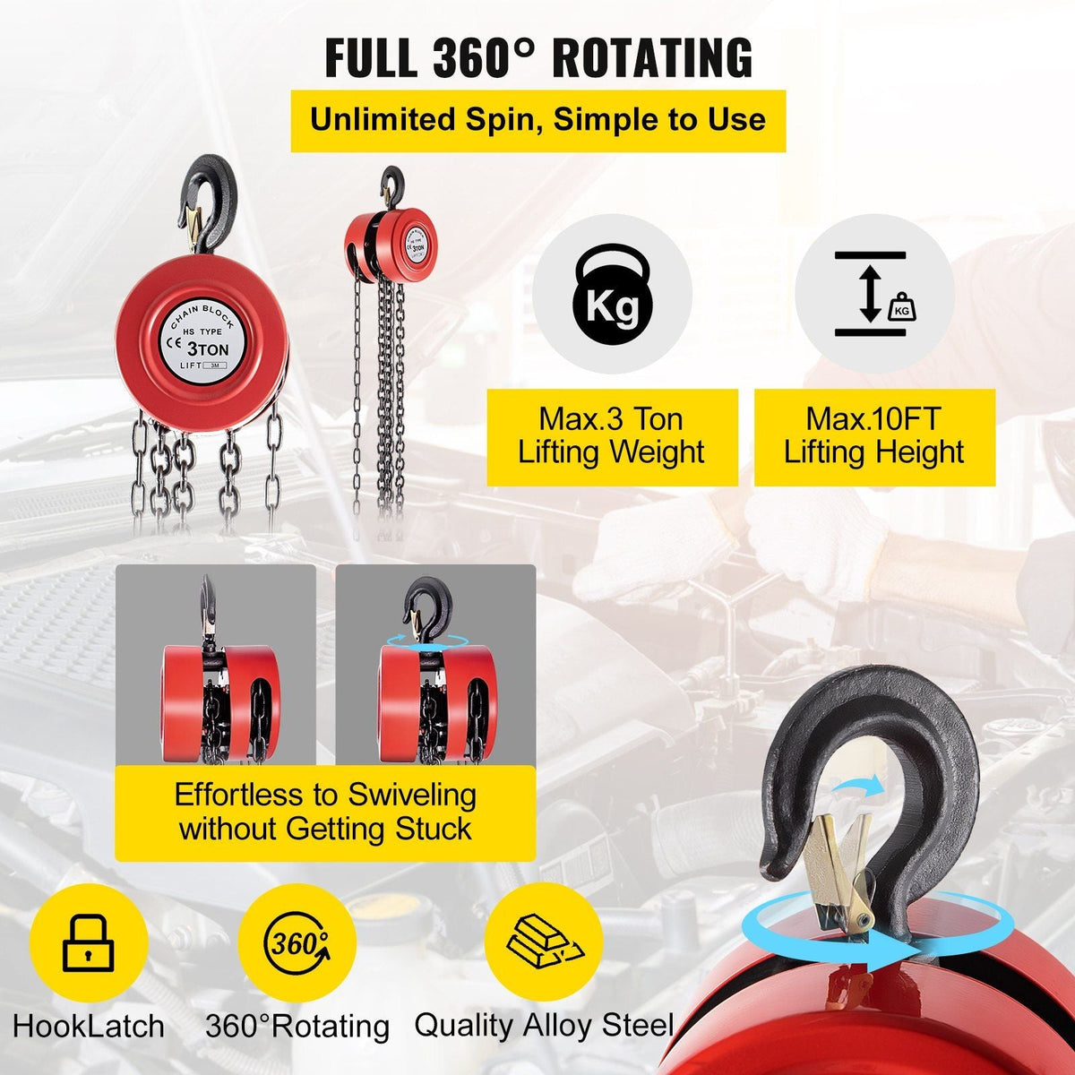 Hand Chain Hoist, 6600 lbs /3 Ton Capacity Chain Block, 10ft/3m Lift Manual Hand Chain Block, Manual Hoist w/Industrial-Grade Steel Construction for Lifting Good in Transport & Workshop, Red