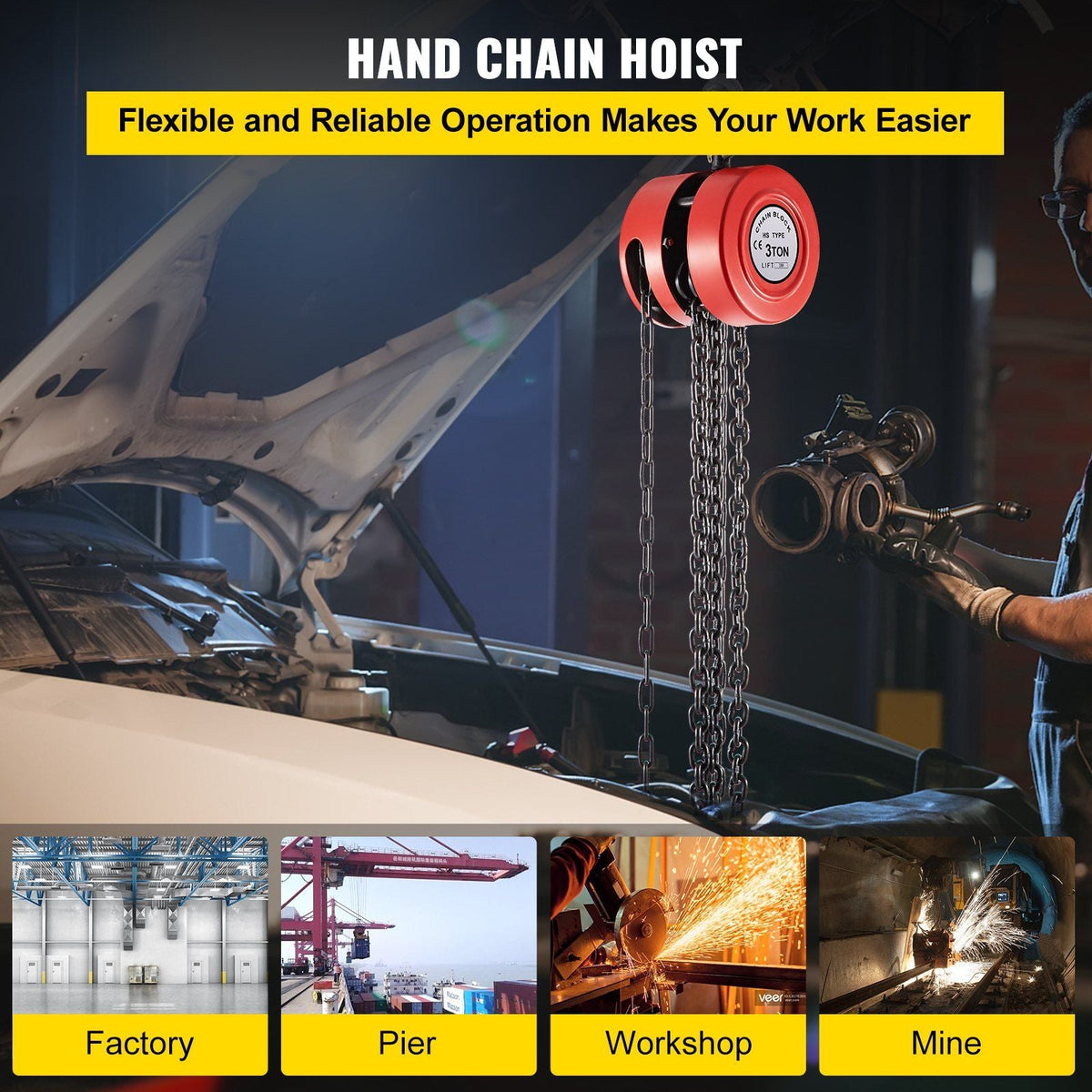 Hand Chain Hoist, 6600 lbs /3 Ton Capacity Chain Block, 10ft/3m Lift Manual Hand Chain Block, Manual Hoist w/Industrial-Grade Steel Construction for Lifting Good in Transport & Workshop, Red