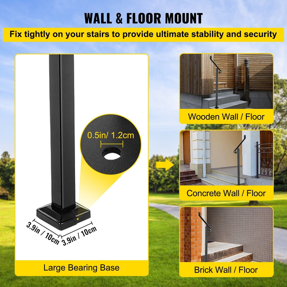 Handrails for Outdoor Steps 1-2 Step Railings Wrought Iron Handrail Stair Railings for Steps Black Iron Railings for Steps Wall and Floor Mounted with Installation Kit