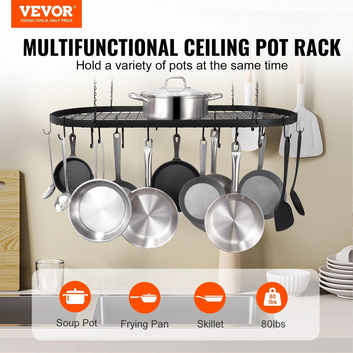 Hanging Pot Rack, 36 inch Hanging Pot Rack Ceiling Mount, Ceiling Pot Rack with 20 S Hooks, 80 lbs Loading Weight, Ideal for Home, Restaurant, Kitchen Cookware, Utensils