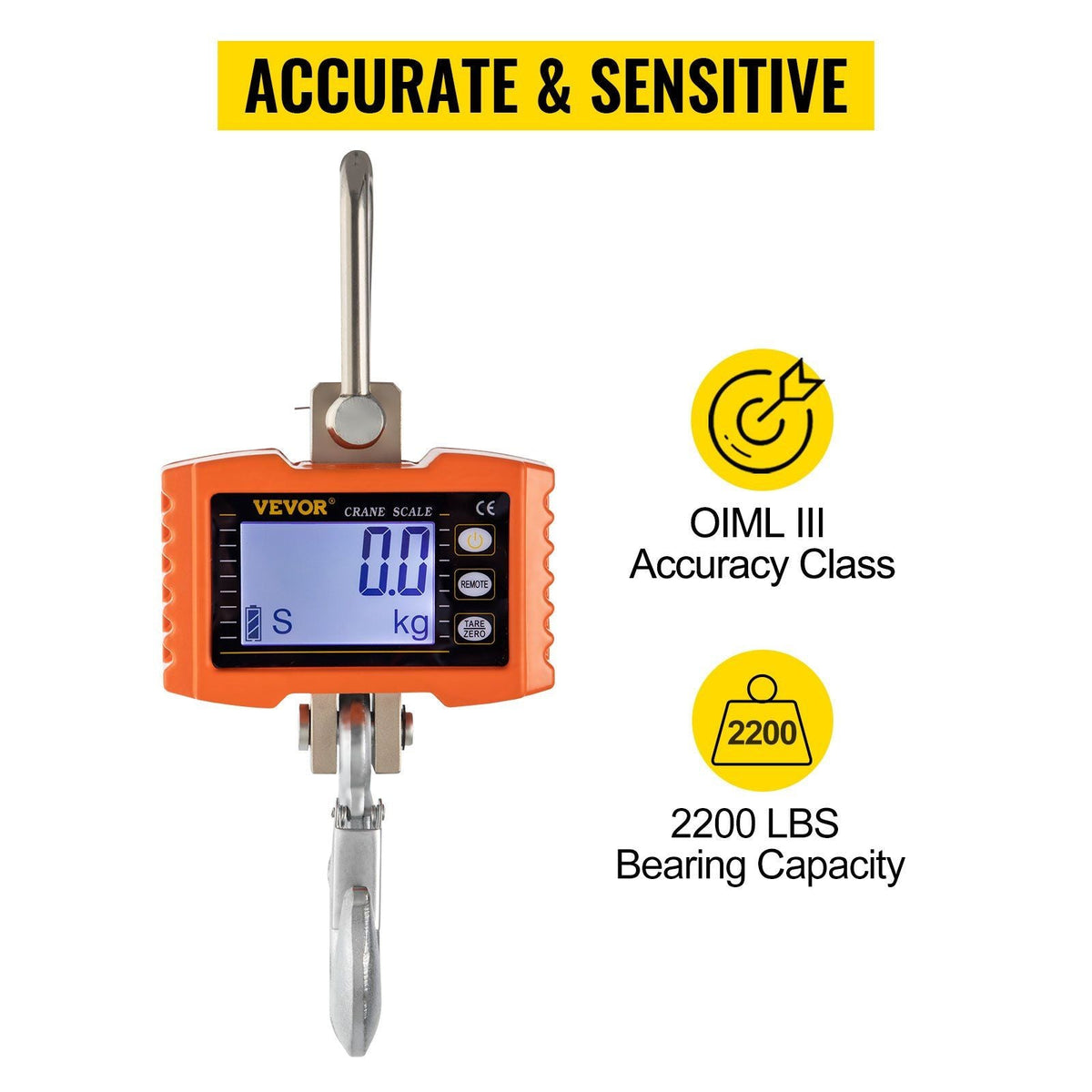 Hanging Scale 1000KG (2200LBS) Orange Digital Industrial Heavy Duty Crane Scale with Accurate Reloading Spring Sensor for Hunting Farm or Construction