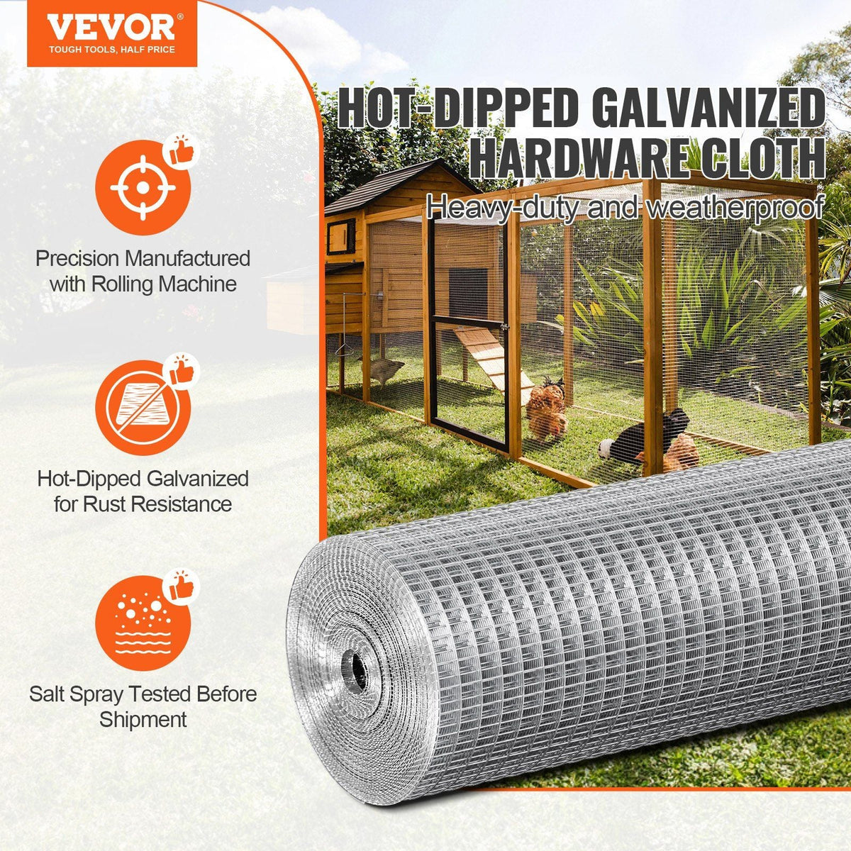 Hardware Cloth, 1/2 inch 24in x 25 ft 19 Gauge, Hot Dipped Galvanized Wire Mesh Roll, Chicken Wire Fencing, Wire Mesh for Rabbit Cages, Garden, Small Rodents