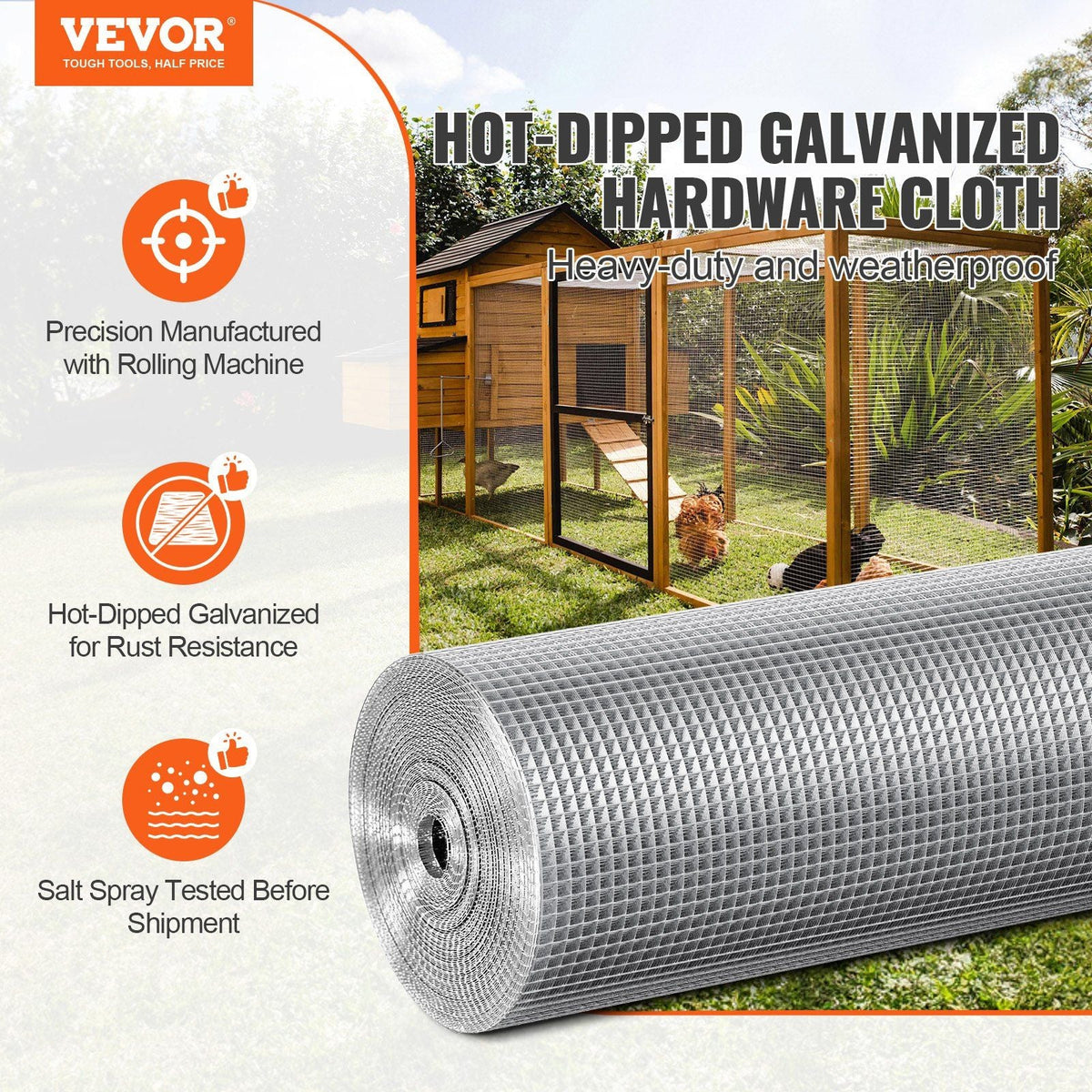 Hardware Cloth, 1/4 inch 48in x 100 ft 23 Gauge, Hot Dipped Galvanized Wire Mesh Roll, Chicken Wire Fencing, Wire Mesh for Rabbit Cages, Garden, Small Rodents