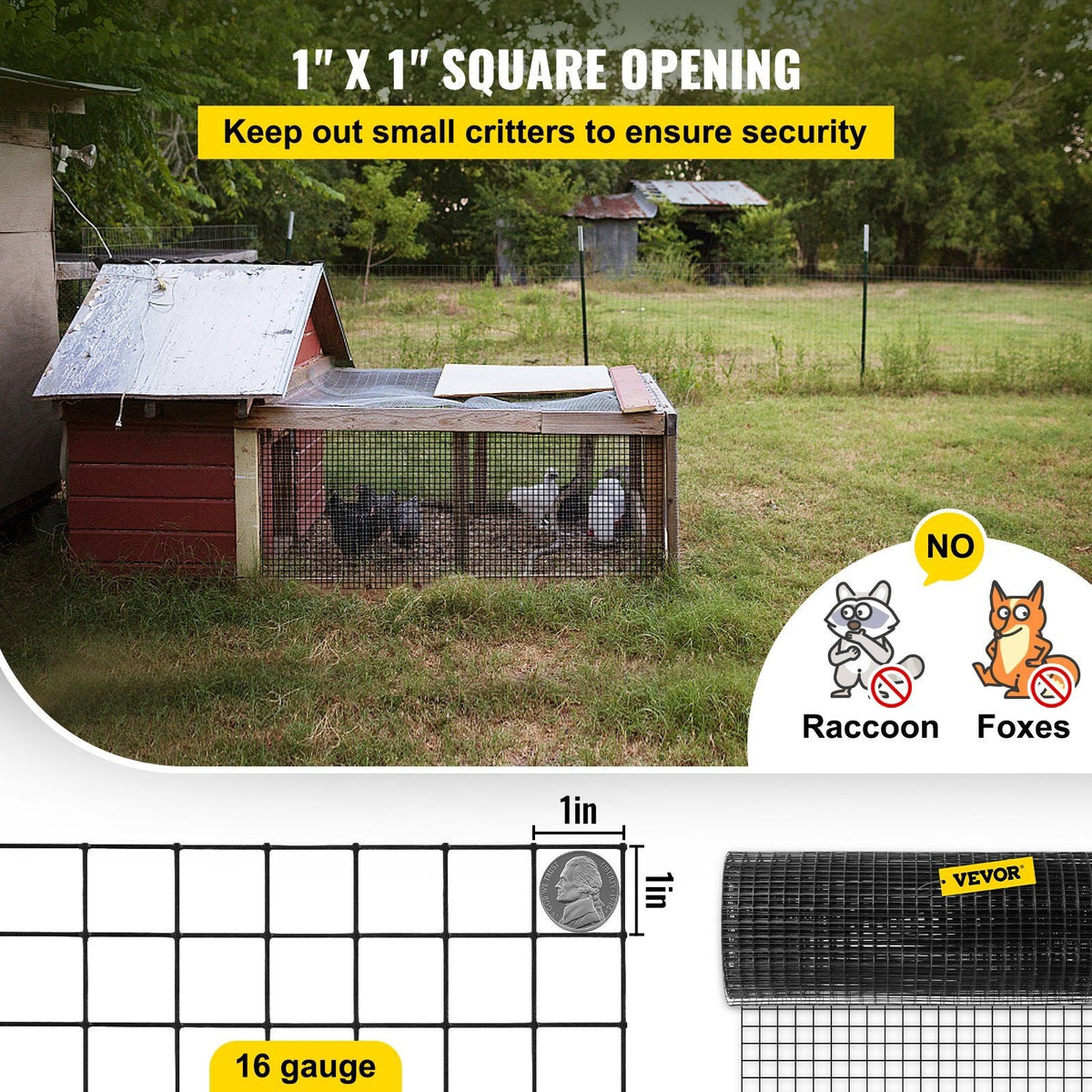 Hardware Cloth, 24" x 100' & 1"x1" Mesh Size, Galvanized Steel Vinyl Coated 16 Gauge Chicken Wire Fencing w/A Cutting Plier & A Pair of Fabric Gloves, for Garden Fencing & Pet Enclosures, Black