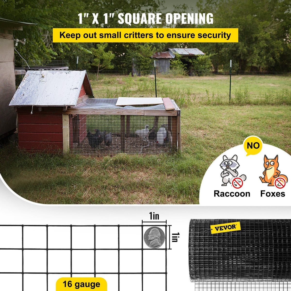 Hardware Cloth, 48" x 50' & 1"x1" Mesh Size, Galvanized Steel Vinyl Coated 16 Gauge Chicken Wire Fencing w/A Cutting Plier & A Pair of Fabric Gloves, for Garden Fencing & Pet Enclosures, Black