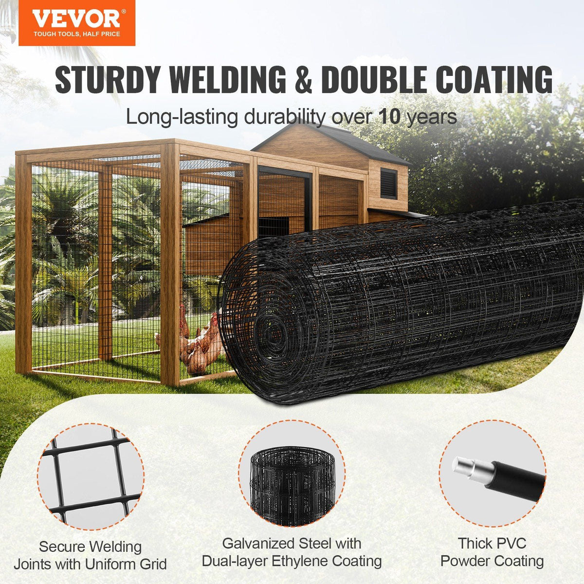 Hardware Cloth, 48'' x 50' Galvanized Wire Mesh Roll, 16 Gauge Chicken Wire Fence Roll, Vinyl Coating Metal Wire Mesh for Chicken Coop Barrier, Rabbit Snake Fences, Poultry Enclosures