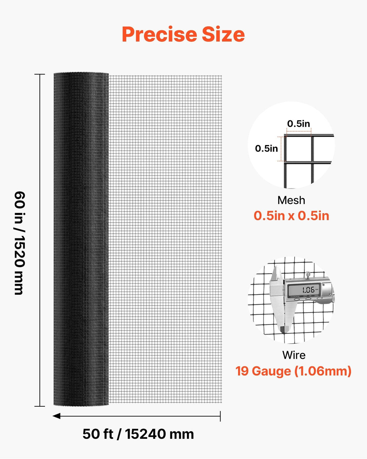 Hardware Cloth 60 in x 50 ft, 1/2 in 19 Gauge Galvanized Wire Mesh Roll, Weather-Resistant Vinyl Coated Chicken Wire Fencing, Heavy Duty Welded Garden Plant Fencing for Rabbit Cage Snake Fence