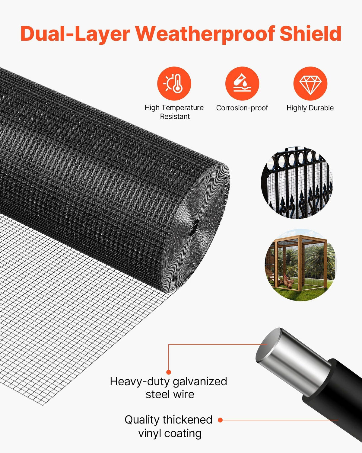 Hardware Cloth 60 in x 50 ft, 1/2 in 19 Gauge Galvanized Wire Mesh Roll, Weather-Resistant Vinyl Coated Chicken Wire Fencing, Heavy Duty Welded Garden Plant Fencing for Rabbit Cage Snake Fence