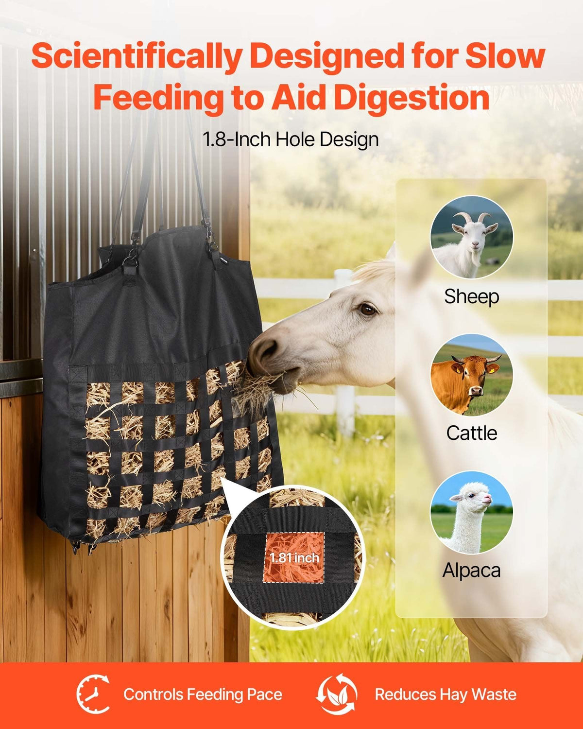 Hay Bag for Horses, 21.65 x 7.28 x 25.2 in, 1.81 x 1.81 in Holes, Premium Nylon Construction with PVC Waterproof Coating, Adjustable Hanging Straps and Metal Hooks, Slow Feed Hay Bag for Horses