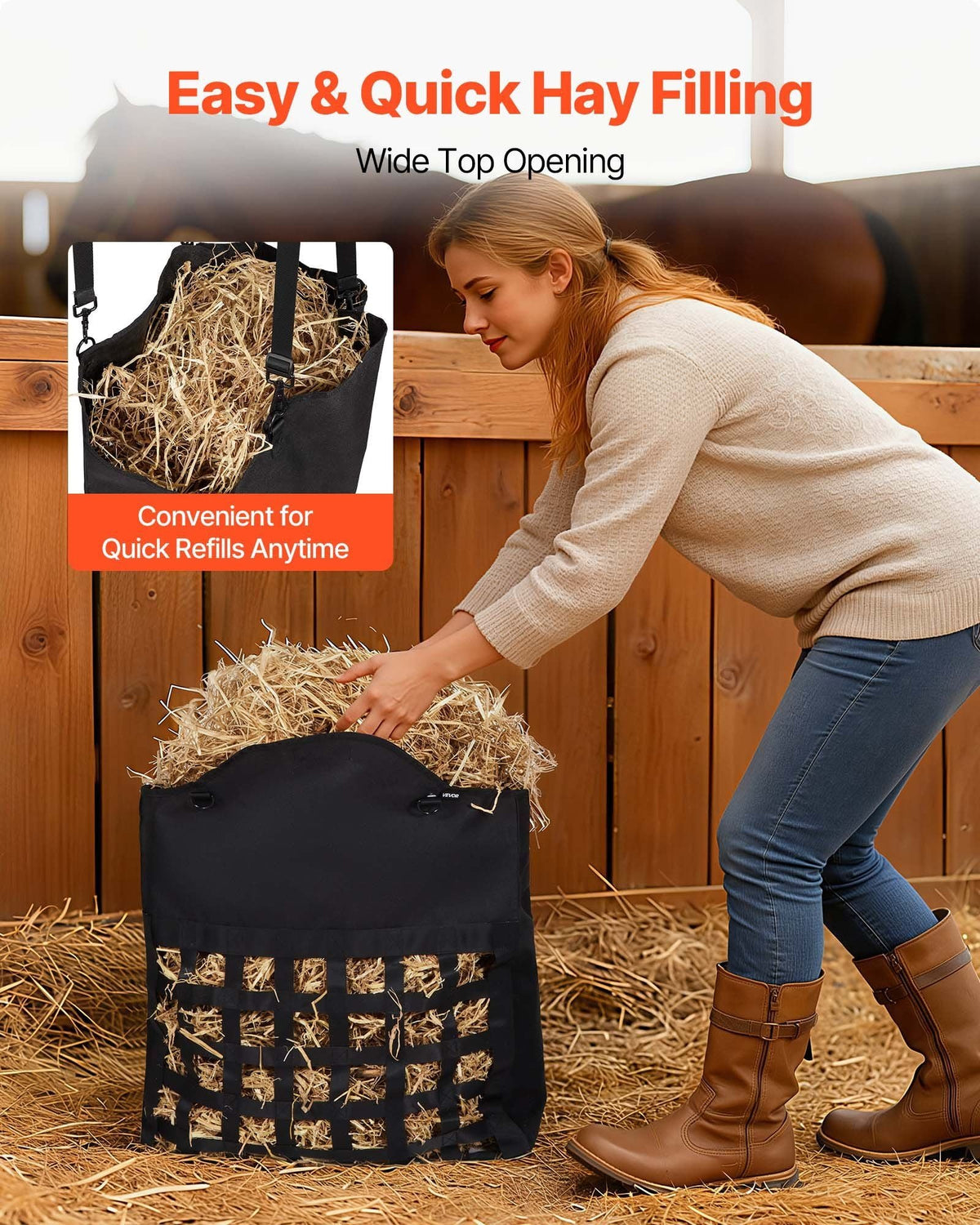 Hay Bag for Horses, 21.65 x 7.28 x 25.2 in, 1.81 x 1.81 in Holes, Premium Nylon Construction with PVC Waterproof Coating, Adjustable Hanging Straps and Metal Hooks, Slow Feed Hay Bag for Horses
