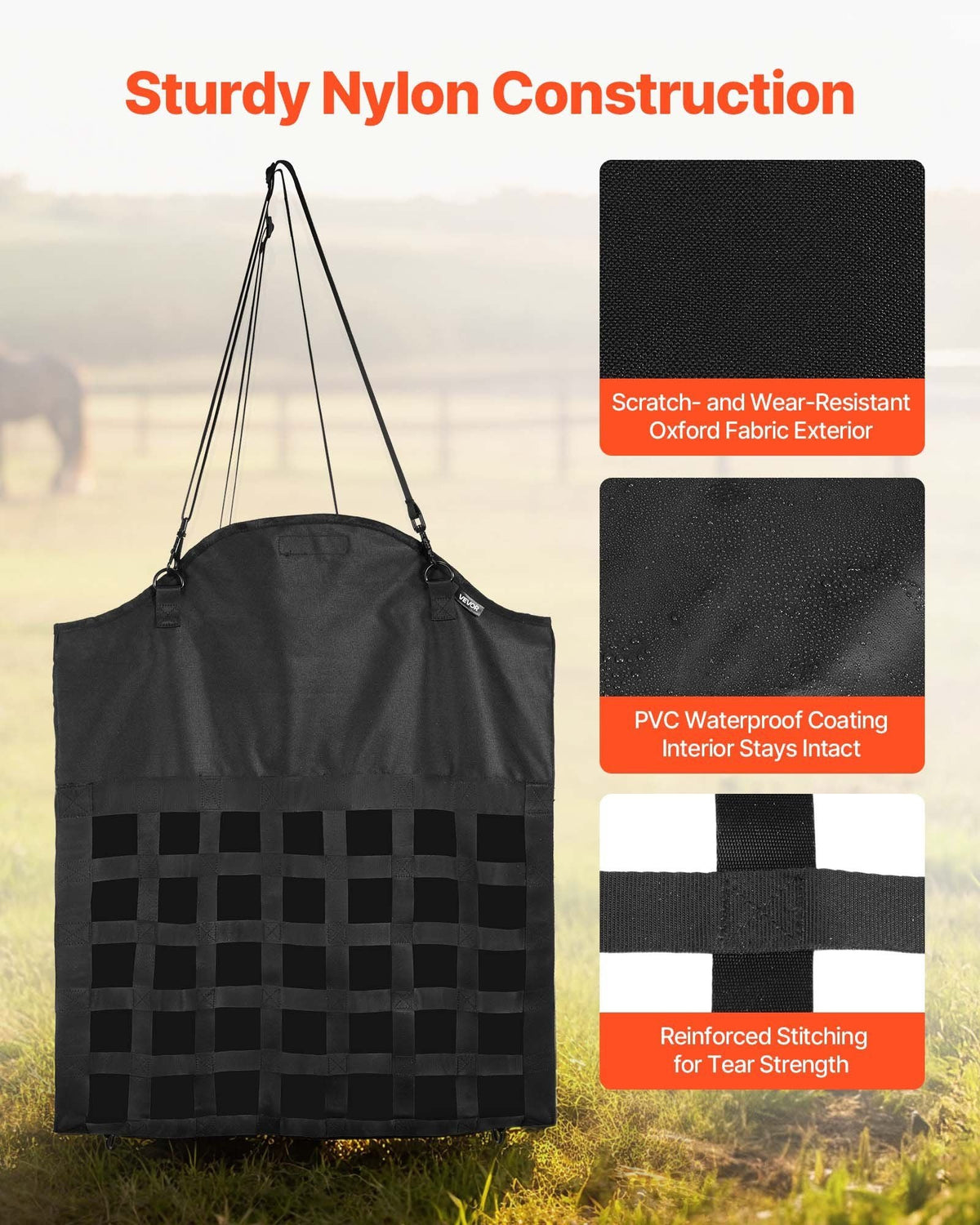 Hay Bag for Horses, 21.65 x 7.28 x 25.2 in, 1.81 x 1.81 in Holes, Premium Nylon Construction with PVC Waterproof Coating, Adjustable Hanging Straps and Metal Hooks, Slow Feed Hay Bag for Horses