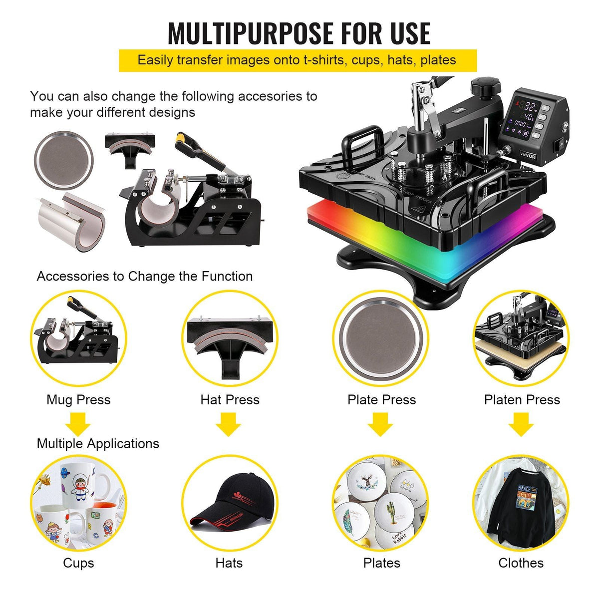 Heat Press 12X15 Inch 800W 6 in 1 Heat Press Swing Away Black Sublimation Machine T-Shirt Printer Transfer with Precise Control LED Display Dual-Tube Heating for DIY Shoes Cap Mugs