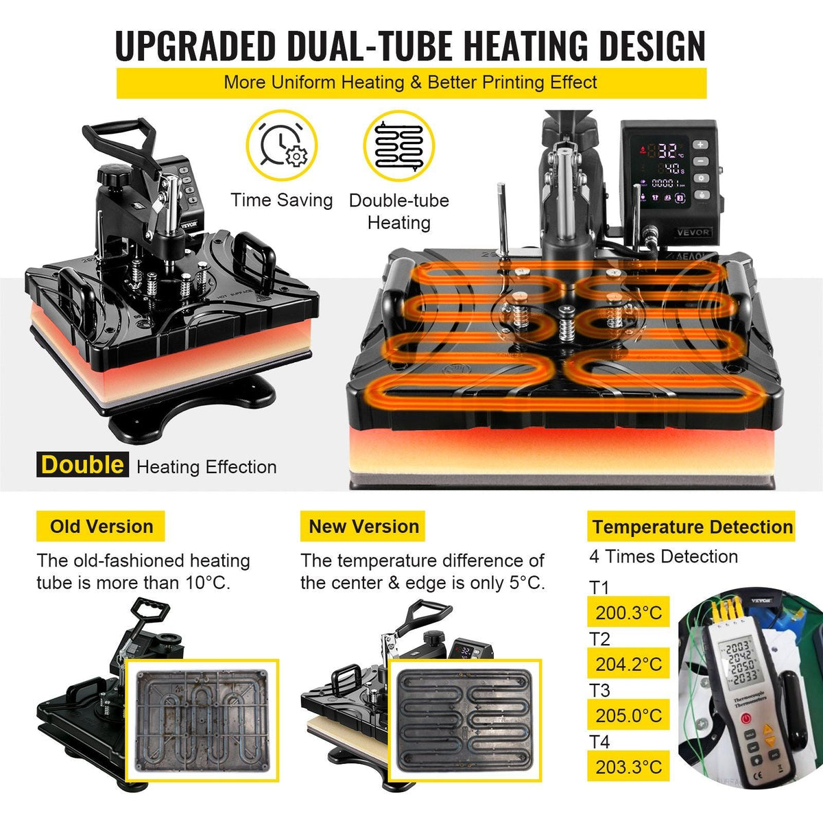Heat Press 12X15 Inch 800W 6 in 1 Heat Press Swing Away Black Sublimation Machine T-Shirt Printer Transfer with Precise Control LED Display Dual-Tube Heating for DIY Shoes Cap Mugs