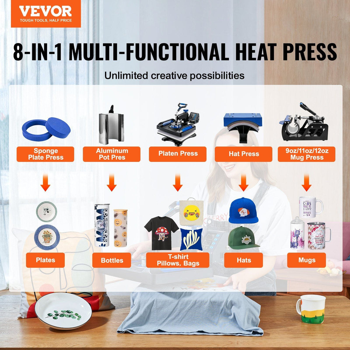 Heat Press Machine 12 x 15 Inch 8 in 1 Heat Press Sublimation Machine 360° Rotation Swing Away 8 in 1 Shirt Printing Machine Dual-Tube Heating for DIY T-Shirts Cap & Mugs Blue