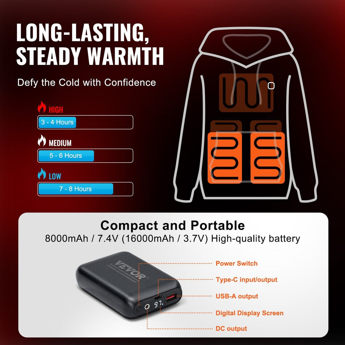 Heated Hoodie Sweatshirt Unisex with Battery for Men & Women XL Size Black