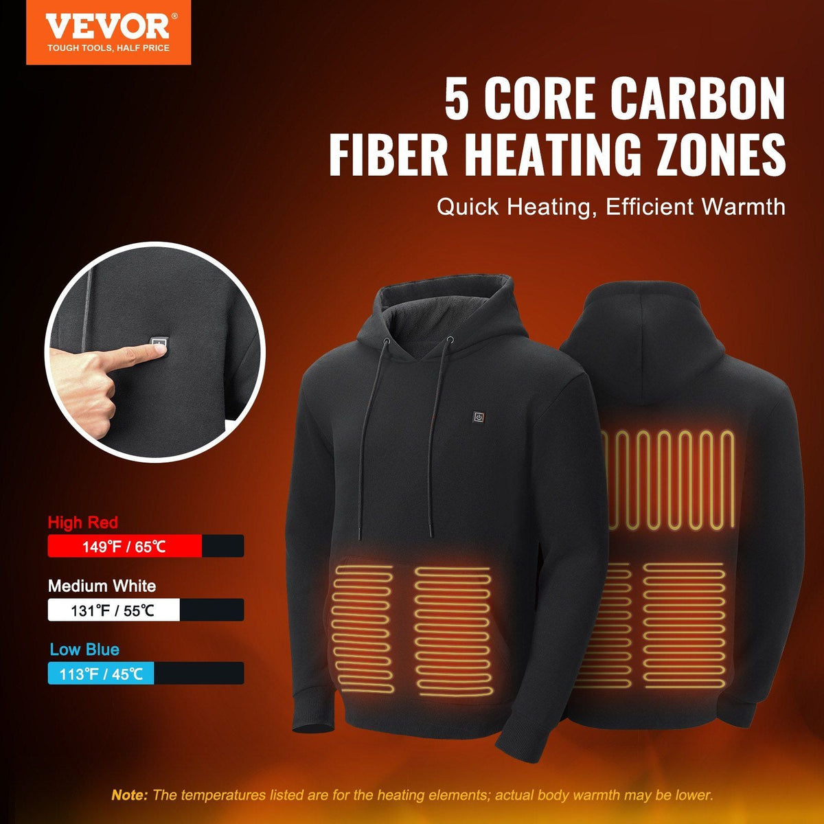 Heated Hoodie Sweatshirt Unisex with Battery for Men & Women XL Size Black