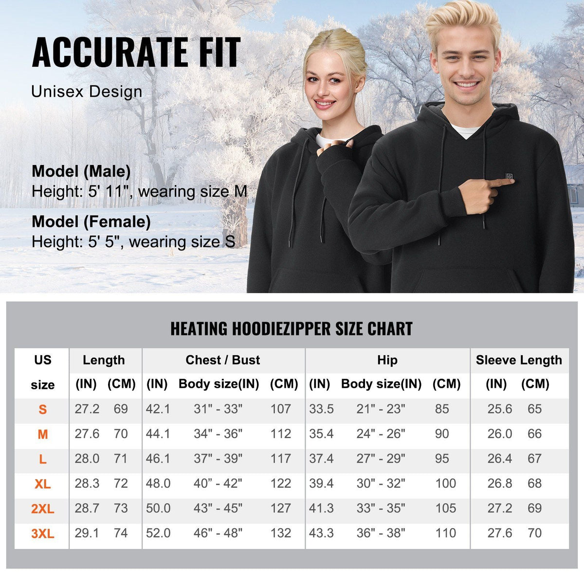 Heated Hoodie Sweatshirt Unisex with Battery for Men & Women XXL Black