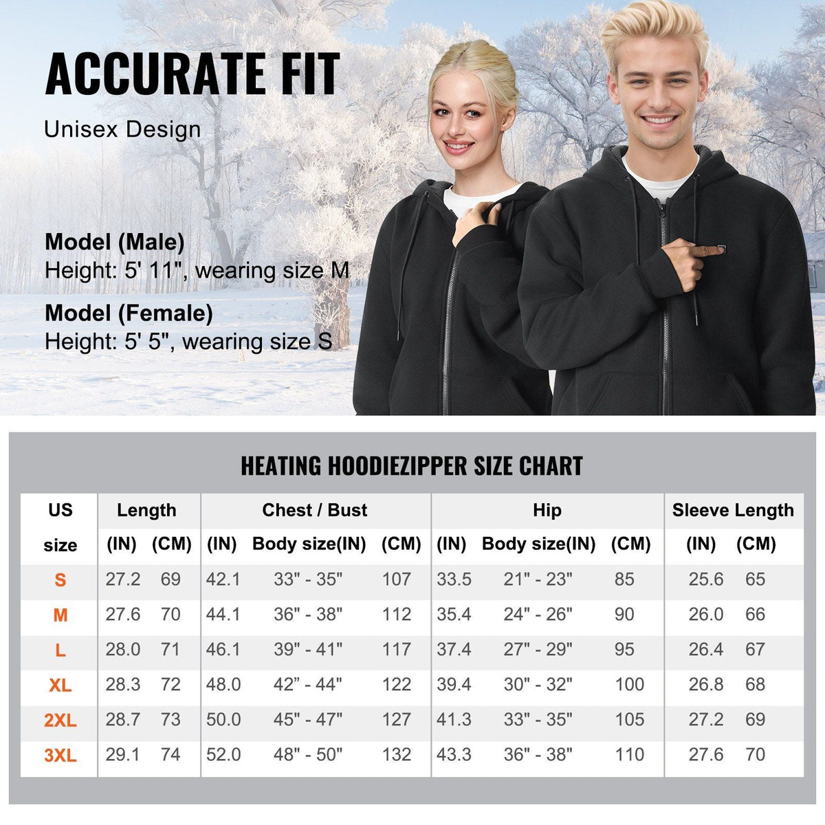 Heated Hoodie Sweatshirt Zip Up Unisex with Battery for Men&Women L Black