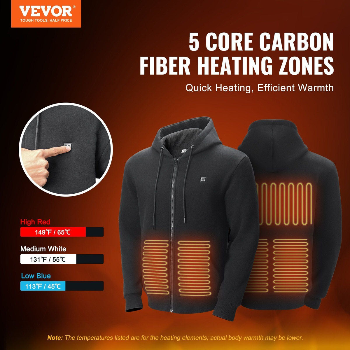 Heated Hoodie Sweatshirt Zip Up Unisex with Battery for Men&Women XXL Black