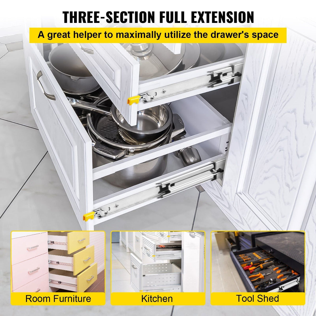 Heavy Duty Drawer Slides 2PCS Drawer Slides 28" Locking Drawer Slides 250LBS Capacity Heavy Duty Slides Three Section Full Extension Drawer Slide Cold-Rolled Steel Industrial Drawer Slides