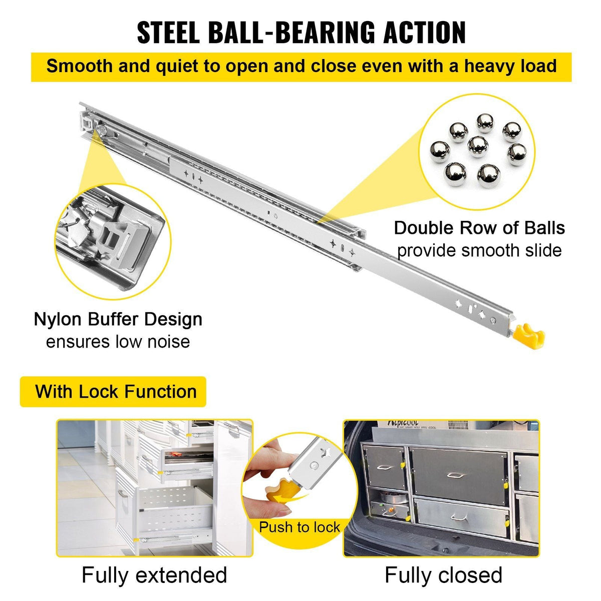 Heavy Duty Drawer Slides 2PCS Drawer Slides 36" Locking Drawer Slides 250LBS Capacity Heavy Duty Slides Three Section Full Extension Drawer Slide Cold-Rolled Steel Industrial Drawer Slides