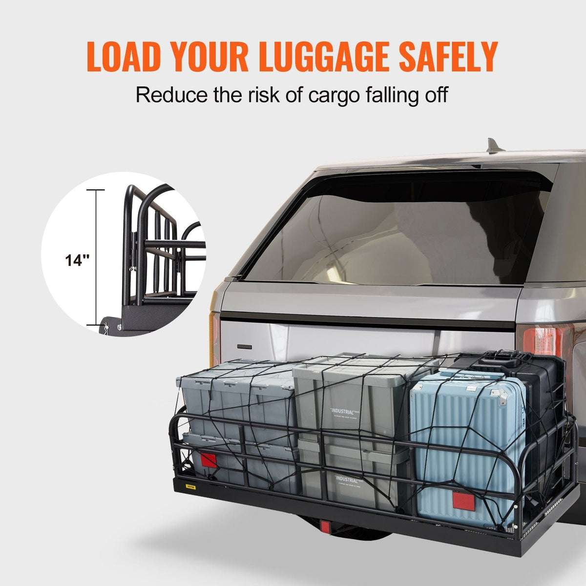 Hitch Cargo Carrier, 60 x 24 x 14 in Folding Trailer Hitch Mounted Steel Cargo Basket, 400lbs Loading Capacity Luggage Carrier Rack with Stabilizer, Fits 2" Hitch Receiver for SUV Truck Pickup