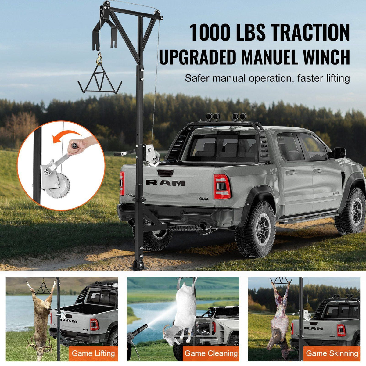 Hitch Mounted Deer Hoist Hitch Game Hoist 600lbs Winch Swivel with Gambrel
