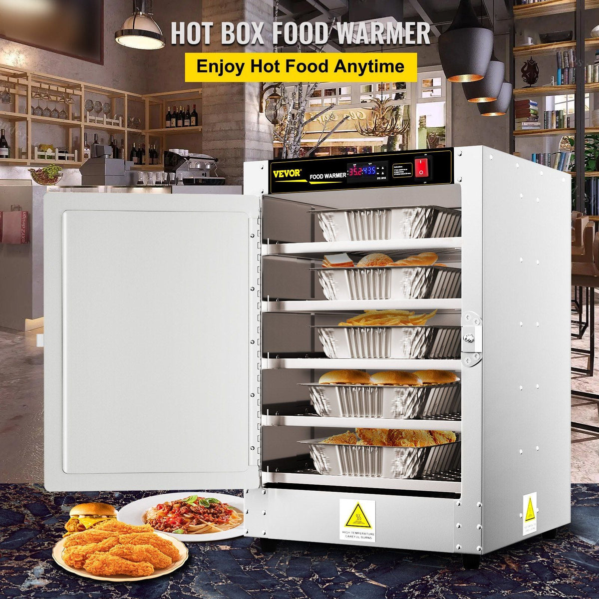 Hot Box Food Warmer, 19"x19"x29" Concession Warmer with Water Tray, Five Disposable Catering Pans, Countertop Pizza, Patty, Pastry, Empanada, Concession Hot Food Hold Tested to UL Standards