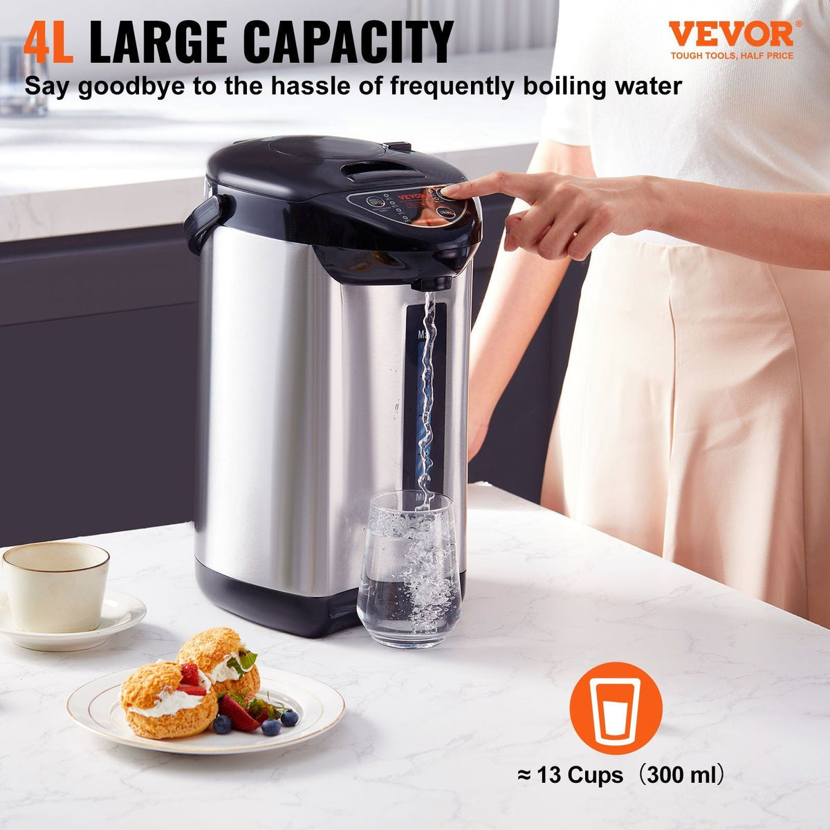 Hot Water Dispenser, Adjustable 4 Temperatures Water Boiler and Warmer, 304 Stainless Steel Countertop Water Heater, 3-Way Dispense for Tea, Coffee and Baby Formula, 4L/135 oz