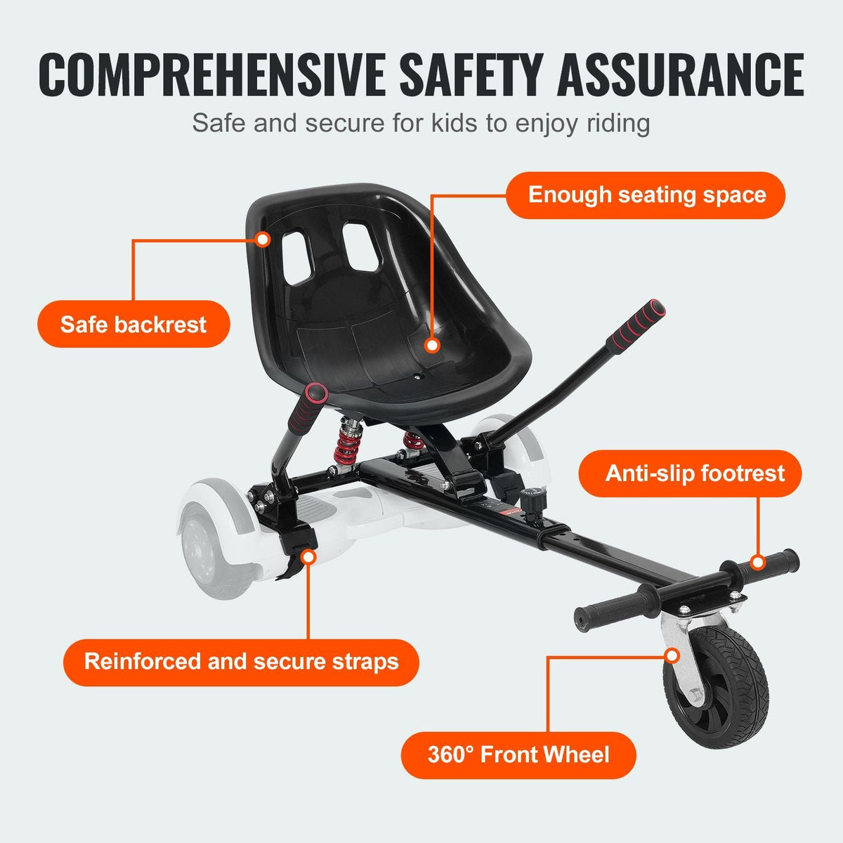 Hoverboard Seat Attachment, for 6.5" 8" 8.5" 10" Hoverboards, Dual Shock Absorption System, Grips Control, Adjustable Length 270 LBS load Capacity, Hover Board Buggy Attachment, for Kids Adults