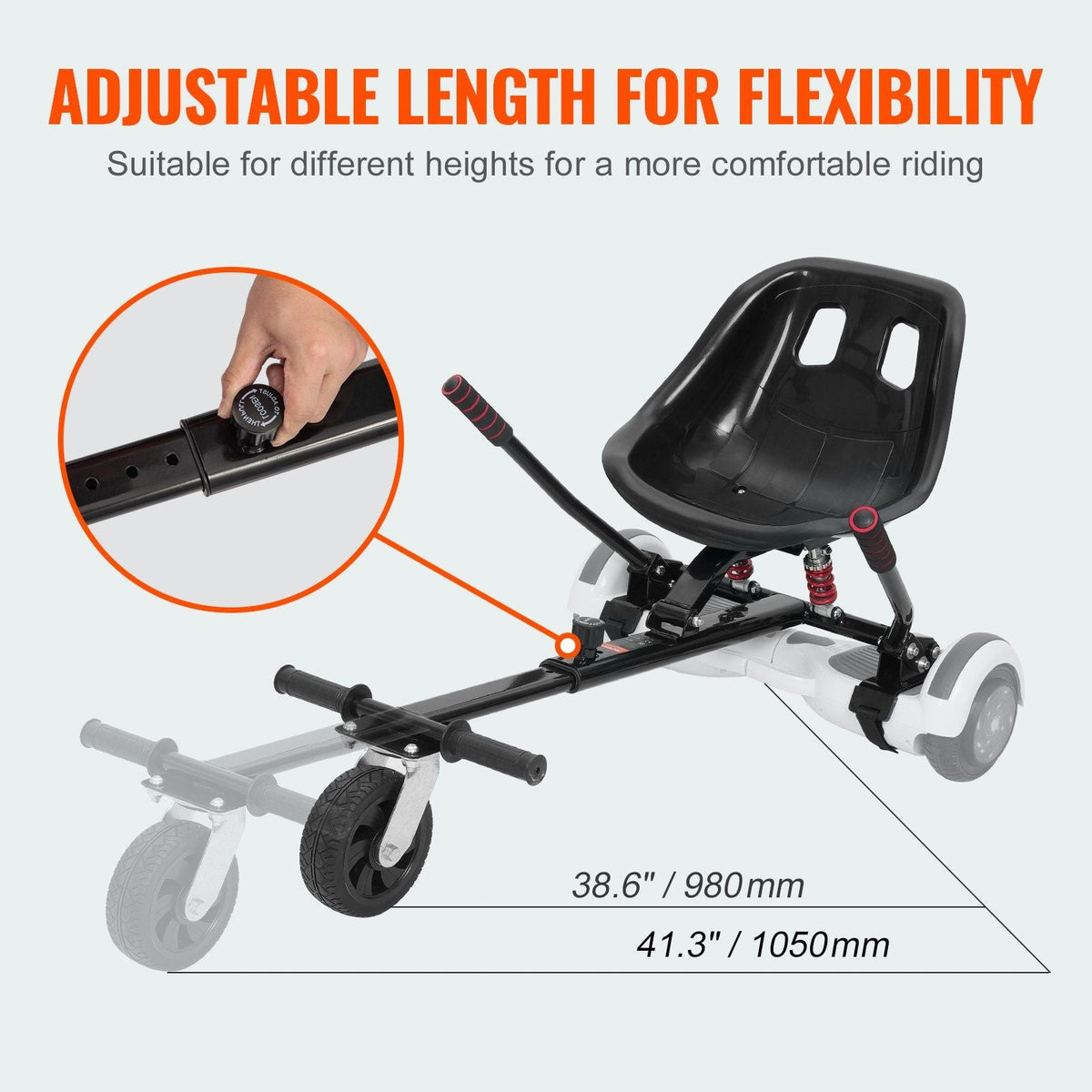 Hoverboard Seat Attachment, for 6.5" 8" 8.5" 10" Hoverboards, Dual Shock Absorption System, Grips Control, Adjustable Length 270 LBS load Capacity, Hover Board Buggy Attachment, for Kids Adults
